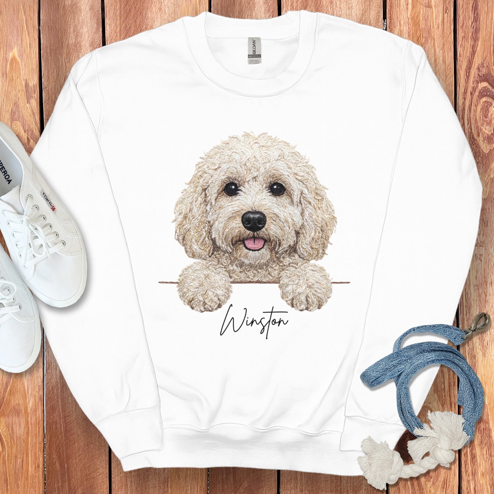 Personalized Cream Labradoodle Sweatshirt in White / S by Puppy Jo