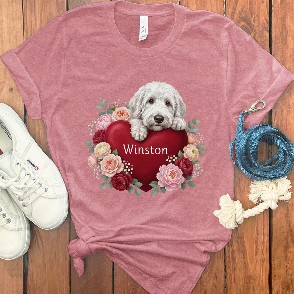 Personalized Maltipoo Heart Belongs T-Shirt in Heather Mauve / S by Puppy Jo