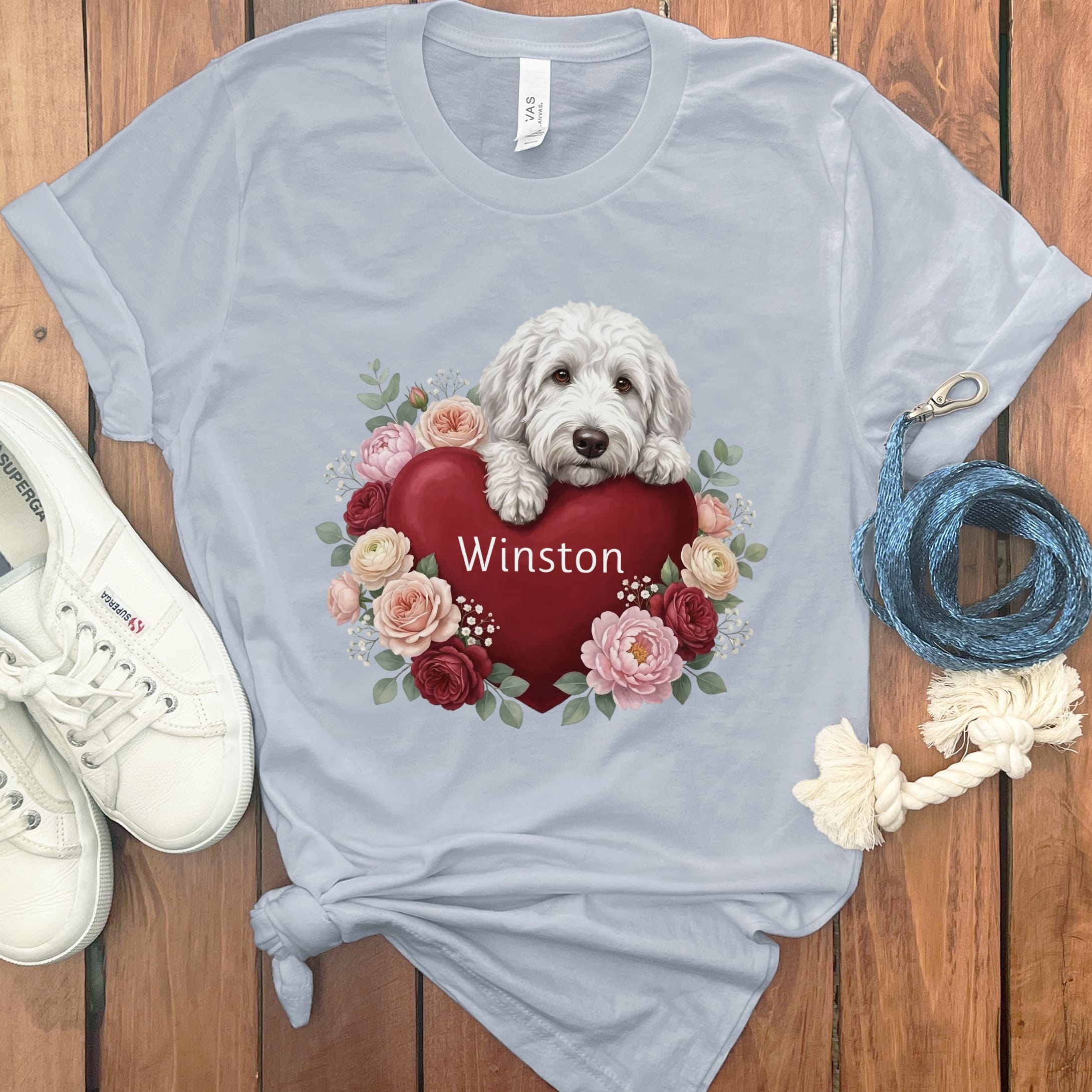 Personalized Maltipoo Heart Belongs T-Shirt in Light Blue / S by Puppy Jo