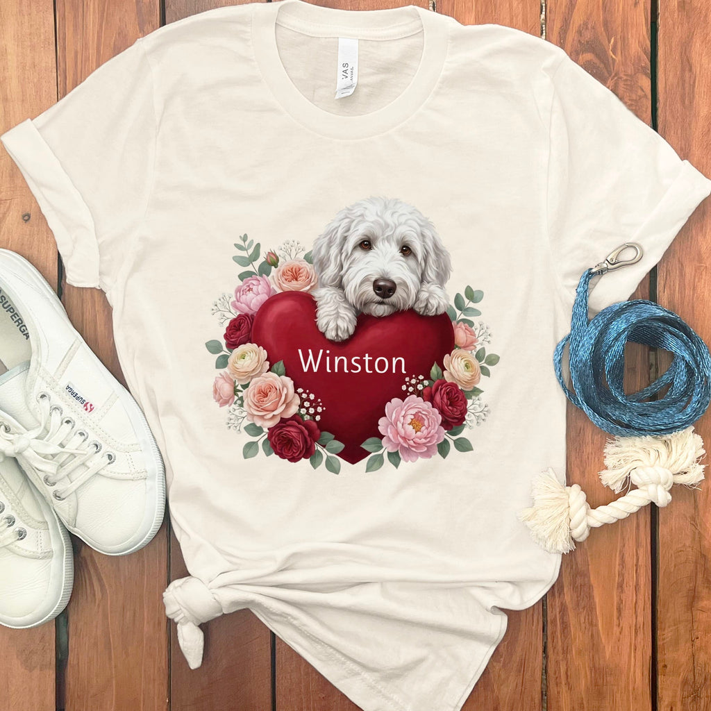 Personalized Maltipoo Heart Belongs T-Shirt in Natural / S by Puppy Jo