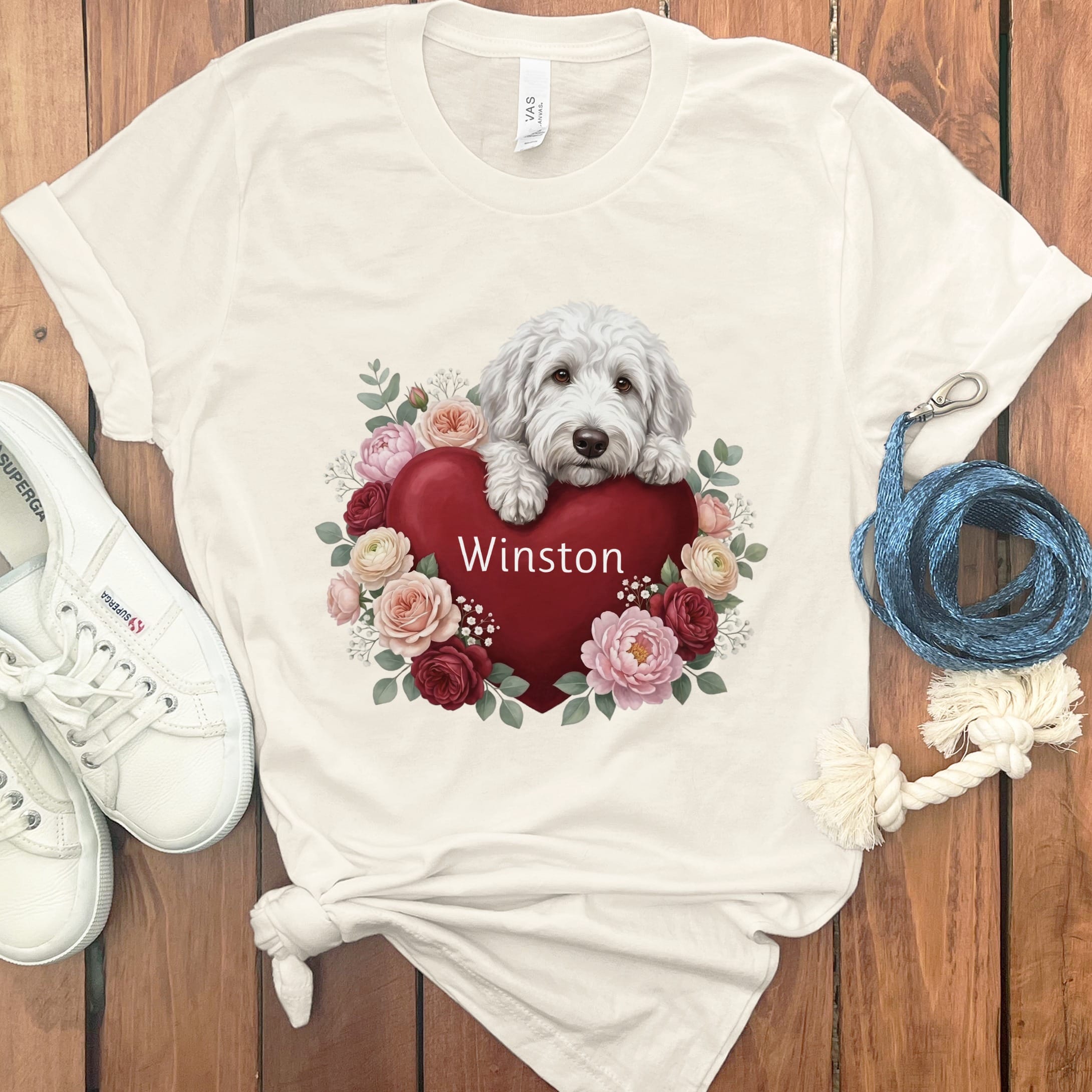 Personalized Maltipoo Heart Belongs T-Shirt in Natural / S by Puppy Jo