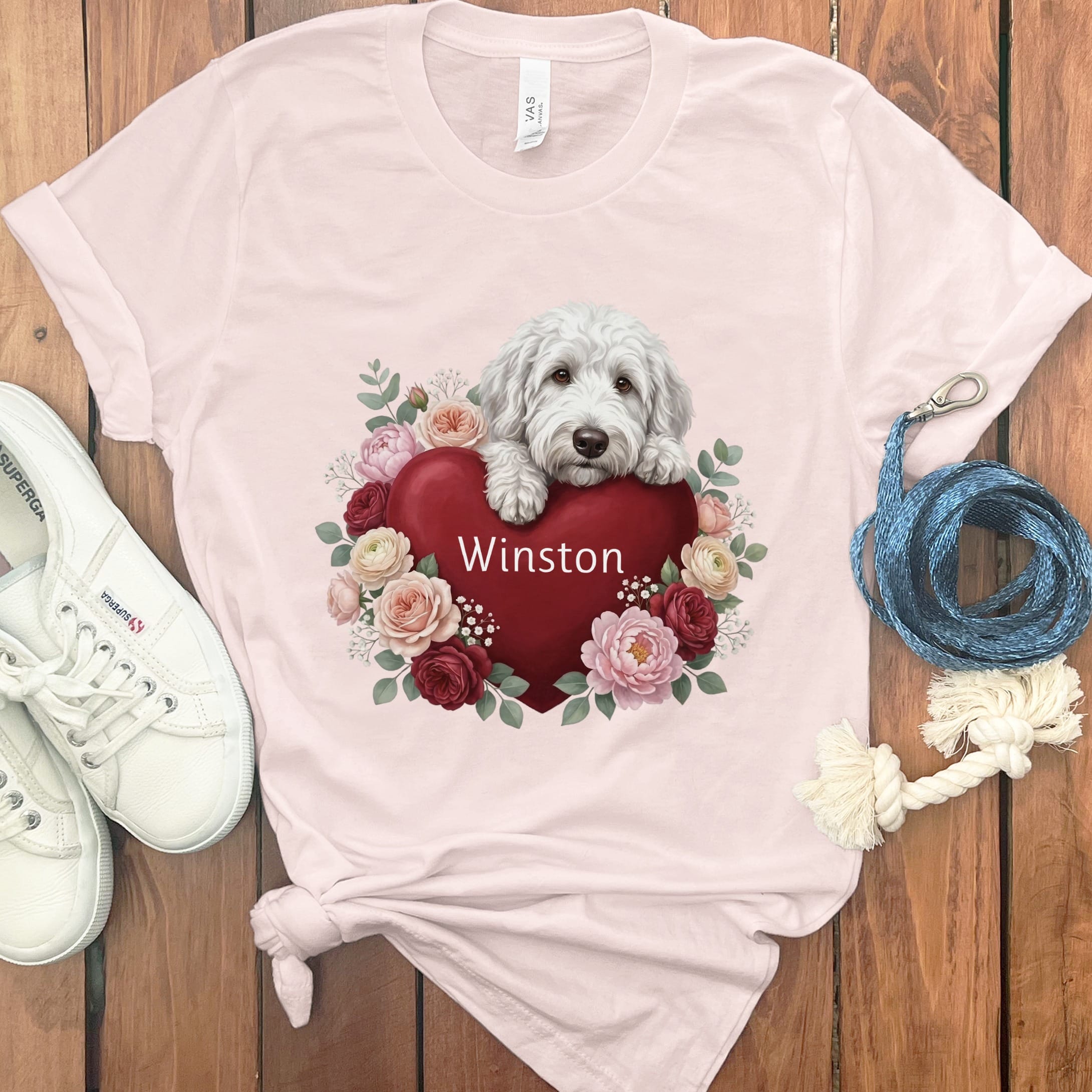 Personalized Maltipoo Heart Belongs T-Shirt in Soft Pink / S by Puppy Jo