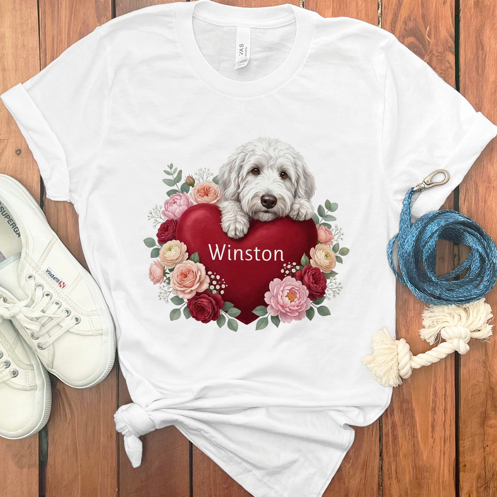 Personalized Maltipoo Heart Belongs T-Shirt in White / S by Puppy Jo