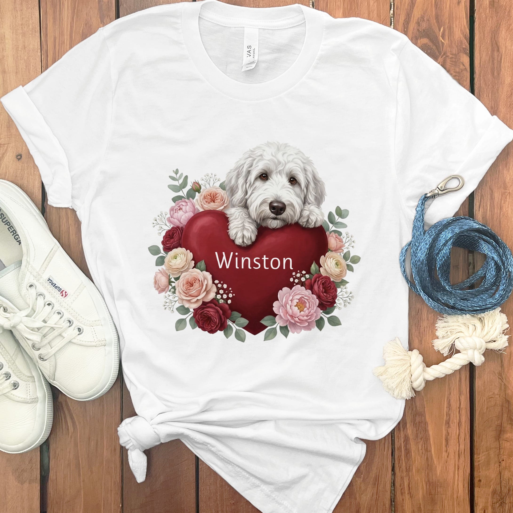 Personalized Maltipoo Heart Belongs T-Shirt in White / S by Puppy Jo