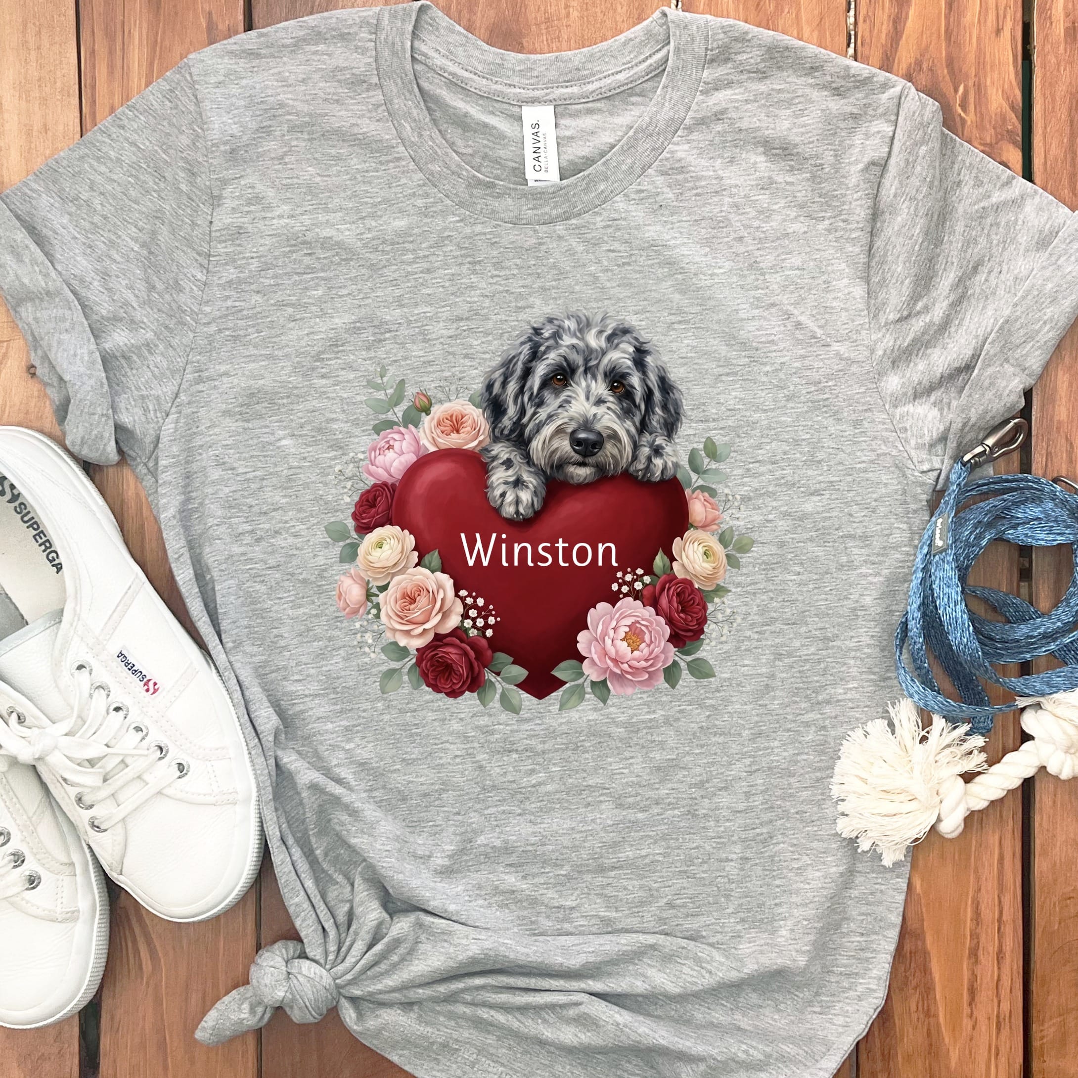 Personalized Merle Goldendoodle Heart Belongs T-Shirt in Athletic Heather / S by Puppy Jo