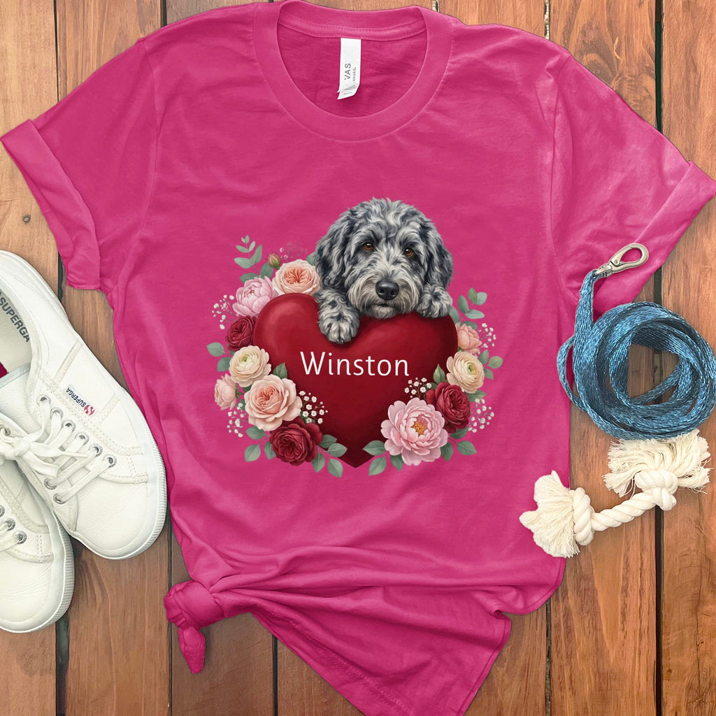 Personalized Merle Goldendoodle Heart Belongs T-Shirt in Berry / S by Puppy Jo