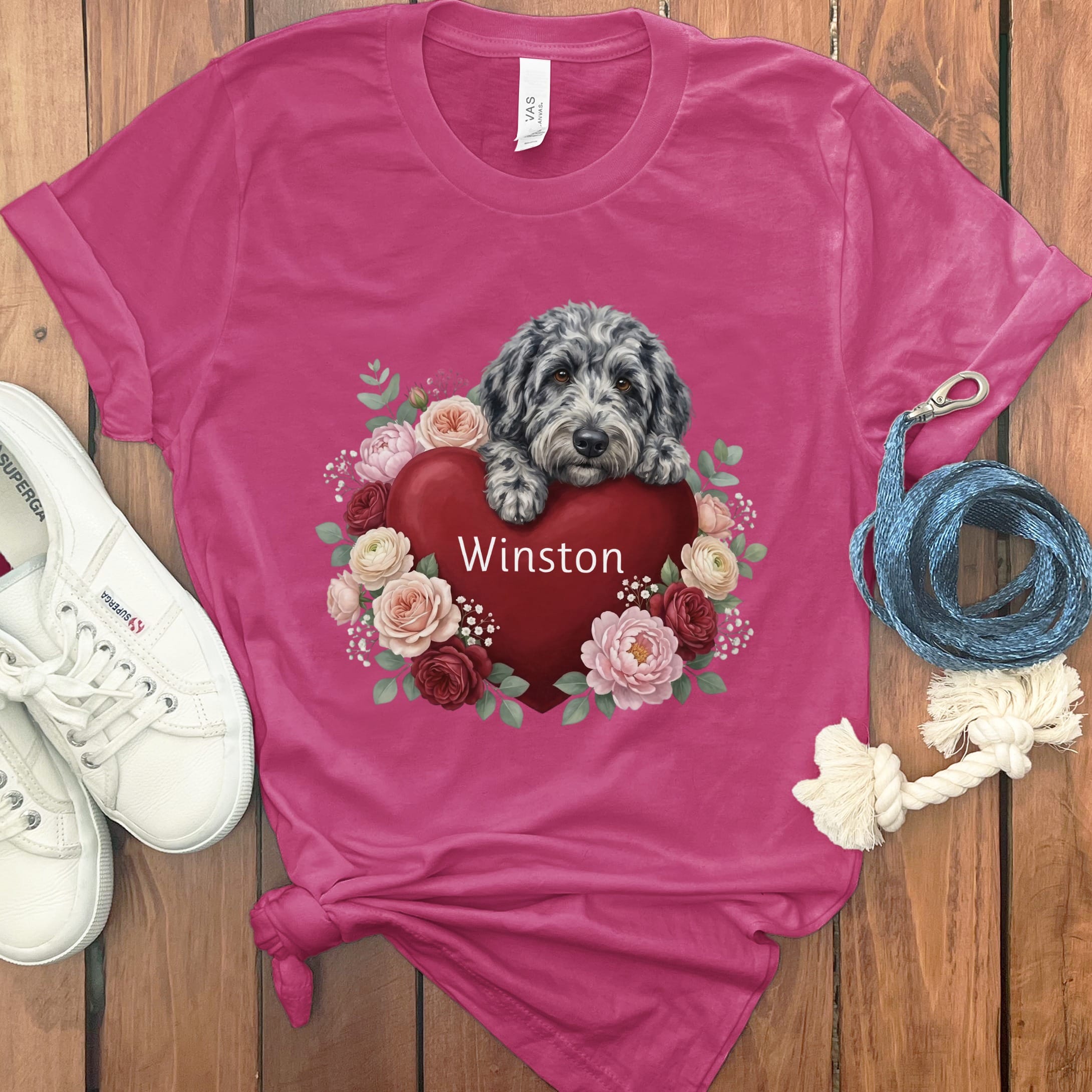Personalized Merle Goldendoodle Heart Belongs T-Shirt in Berry / S by Puppy Jo