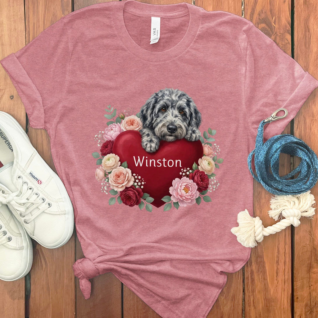 Personalized Merle Goldendoodle Heart Belongs T-Shirt in Heather Mauve / S by Puppy Jo