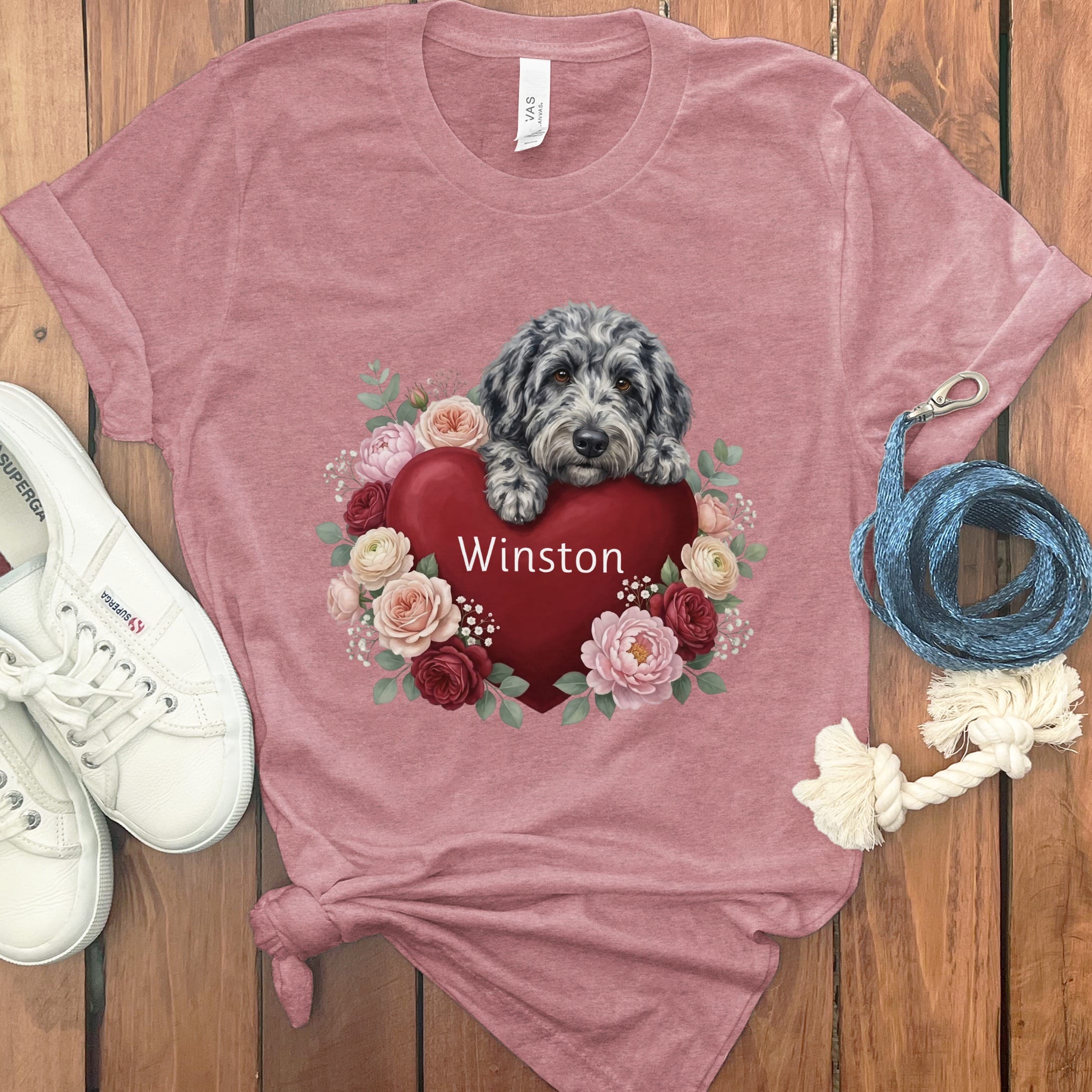 Personalized Merle Goldendoodle Heart Belongs T-Shirt in Heather Mauve / S by Puppy Jo