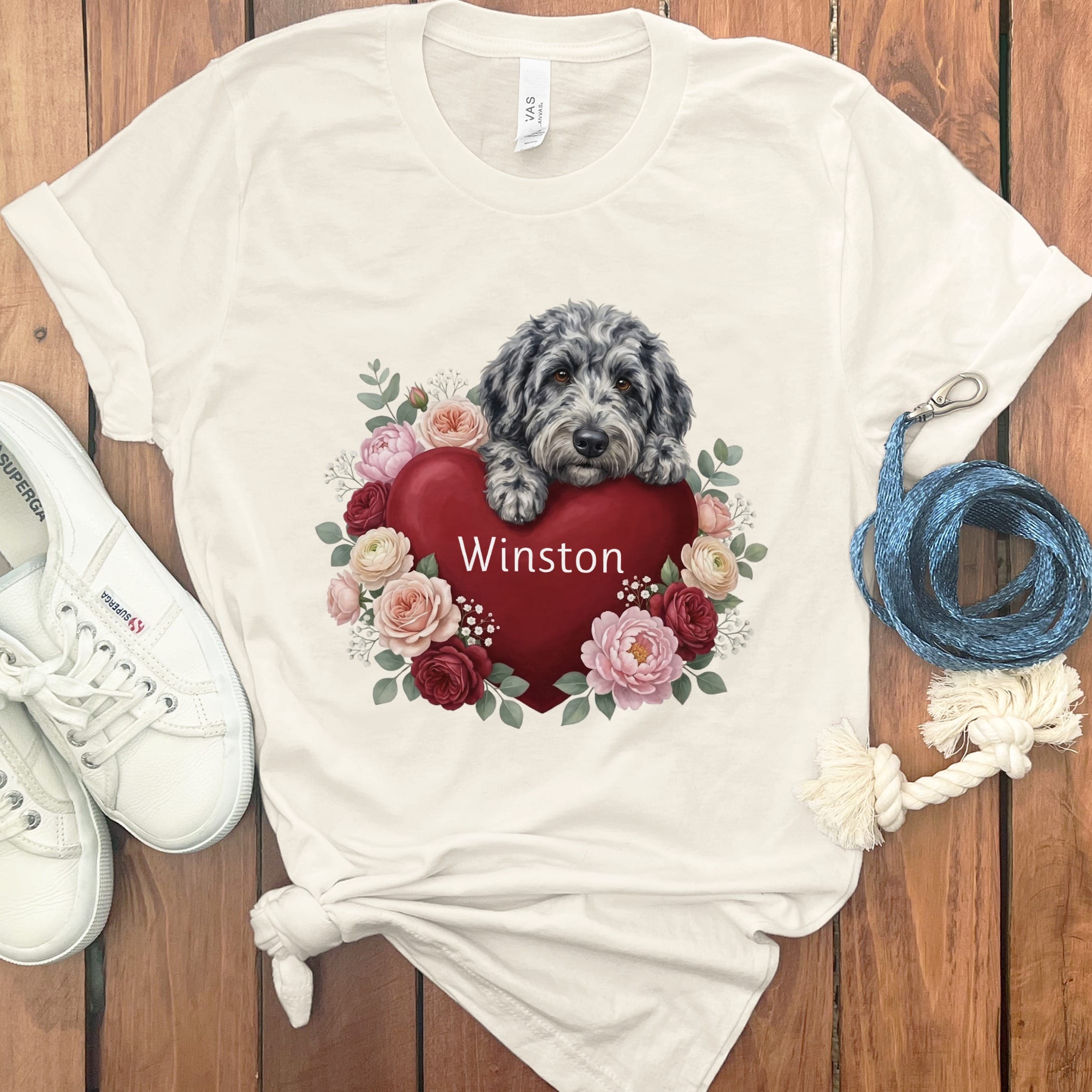 Personalized Merle Goldendoodle Heart Belongs T-Shirt in Natural / S by Puppy Jo