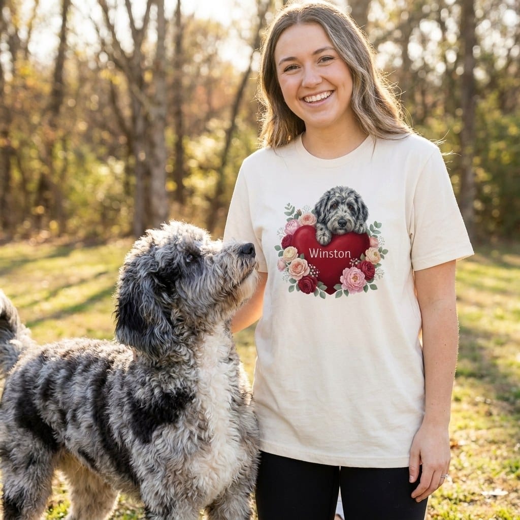 Personalized Merle Goldendoodle Heart Belongs T-Shirt in by Puppy Jo