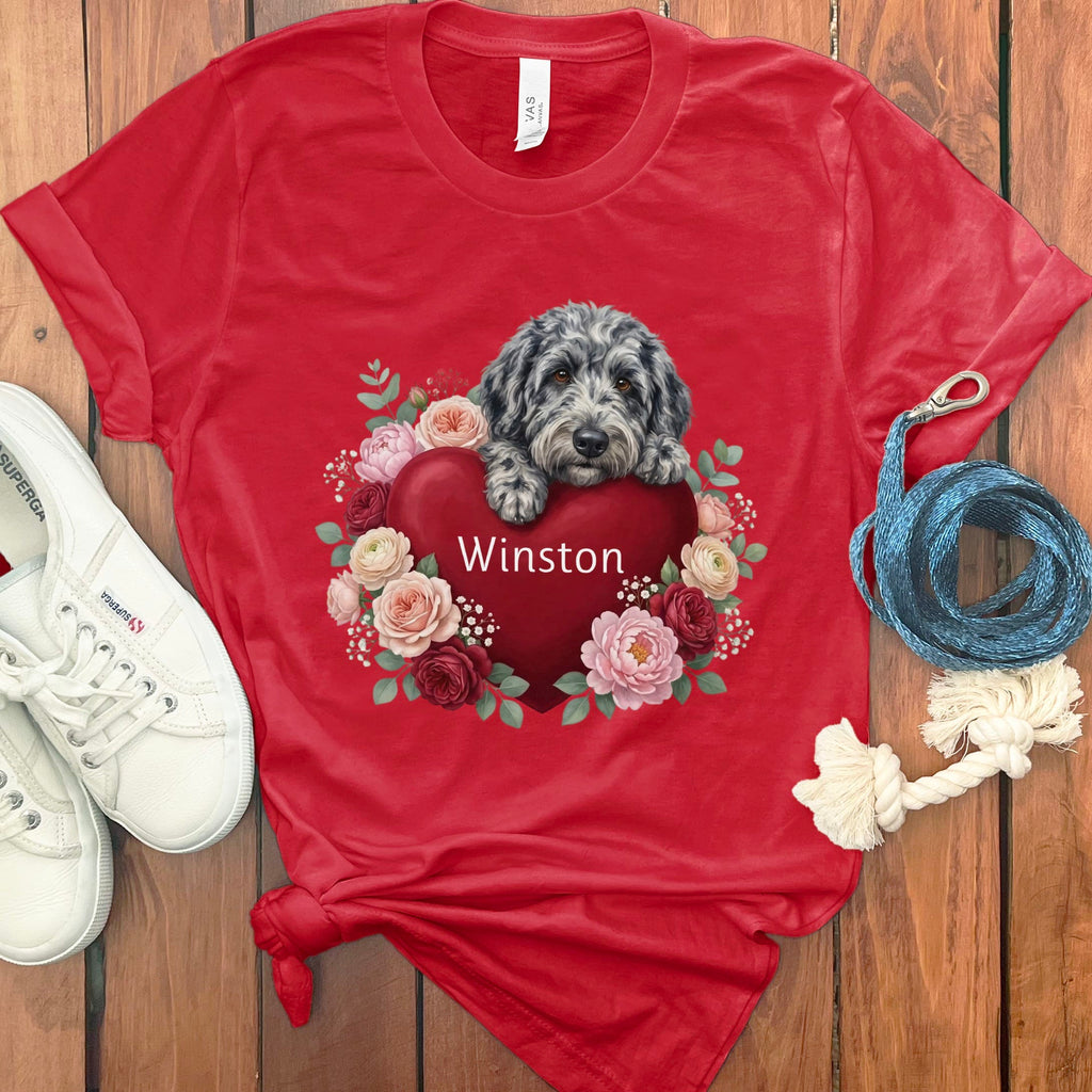 Personalized Merle Goldendoodle Heart Belongs T-Shirt in Red / S by Puppy Jo