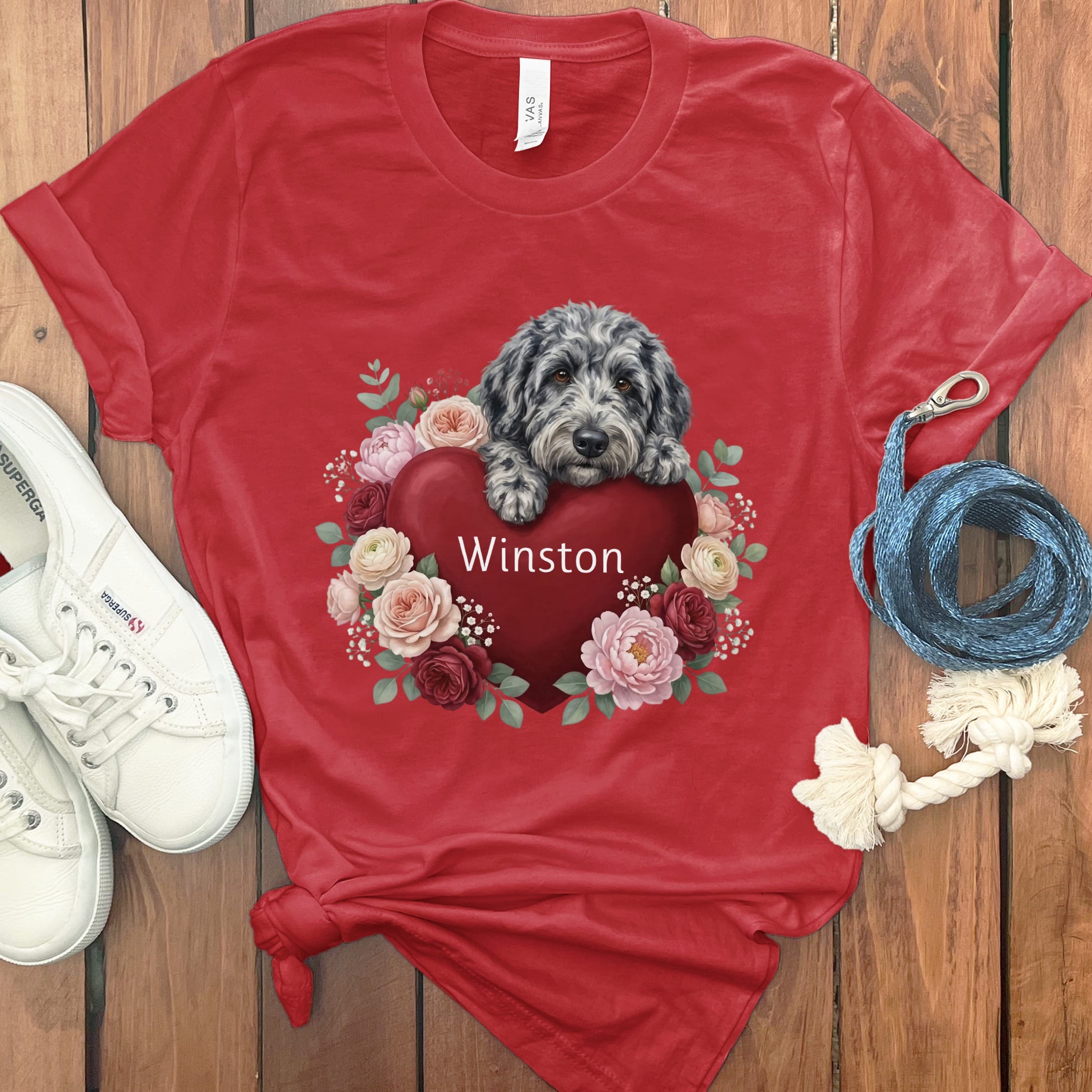 Personalized Merle Goldendoodle Heart Belongs T-Shirt in Red / S by Puppy Jo