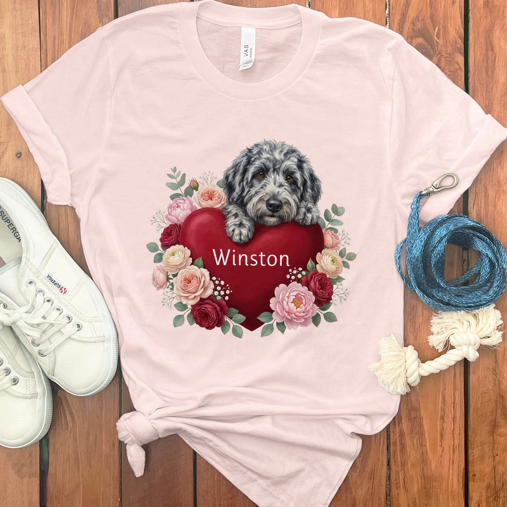 Personalized Merle Goldendoodle Heart Belongs T-Shirt in Soft Pink / S by Puppy Jo