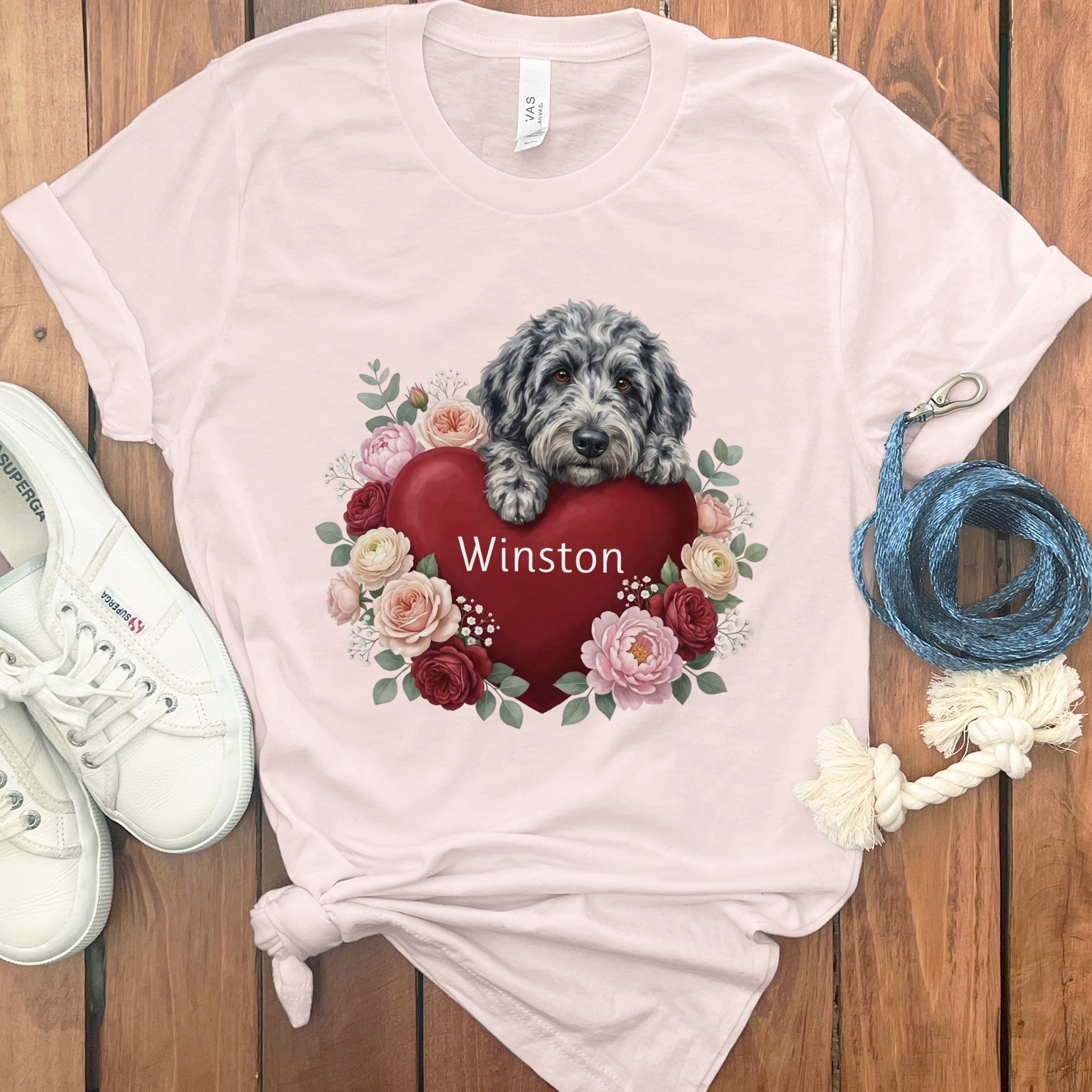 Personalized Merle Goldendoodle Heart Belongs T-Shirt in Soft Pink / S by Puppy Jo