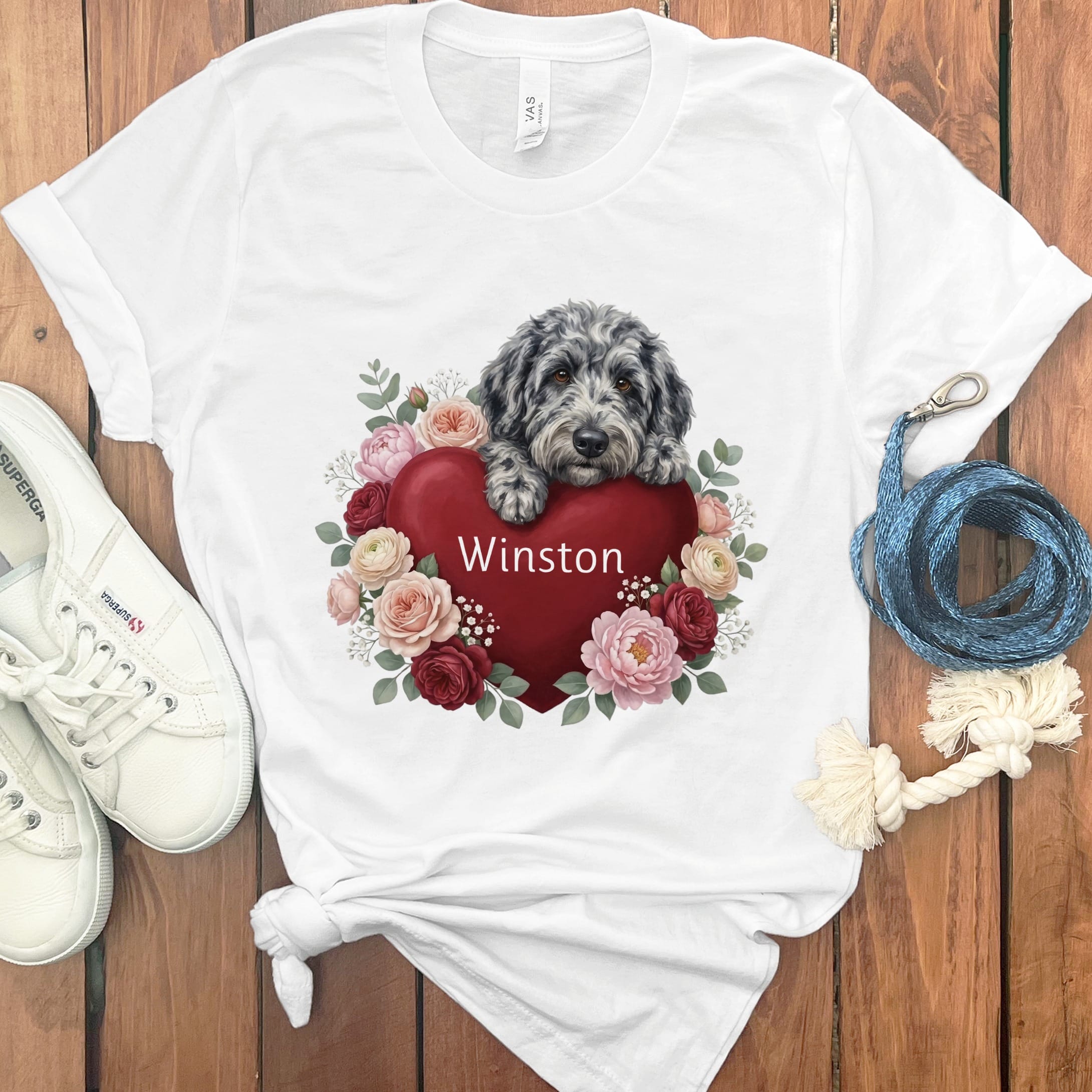 Personalized Merle Goldendoodle Heart Belongs T-Shirt in White / S by Puppy Jo