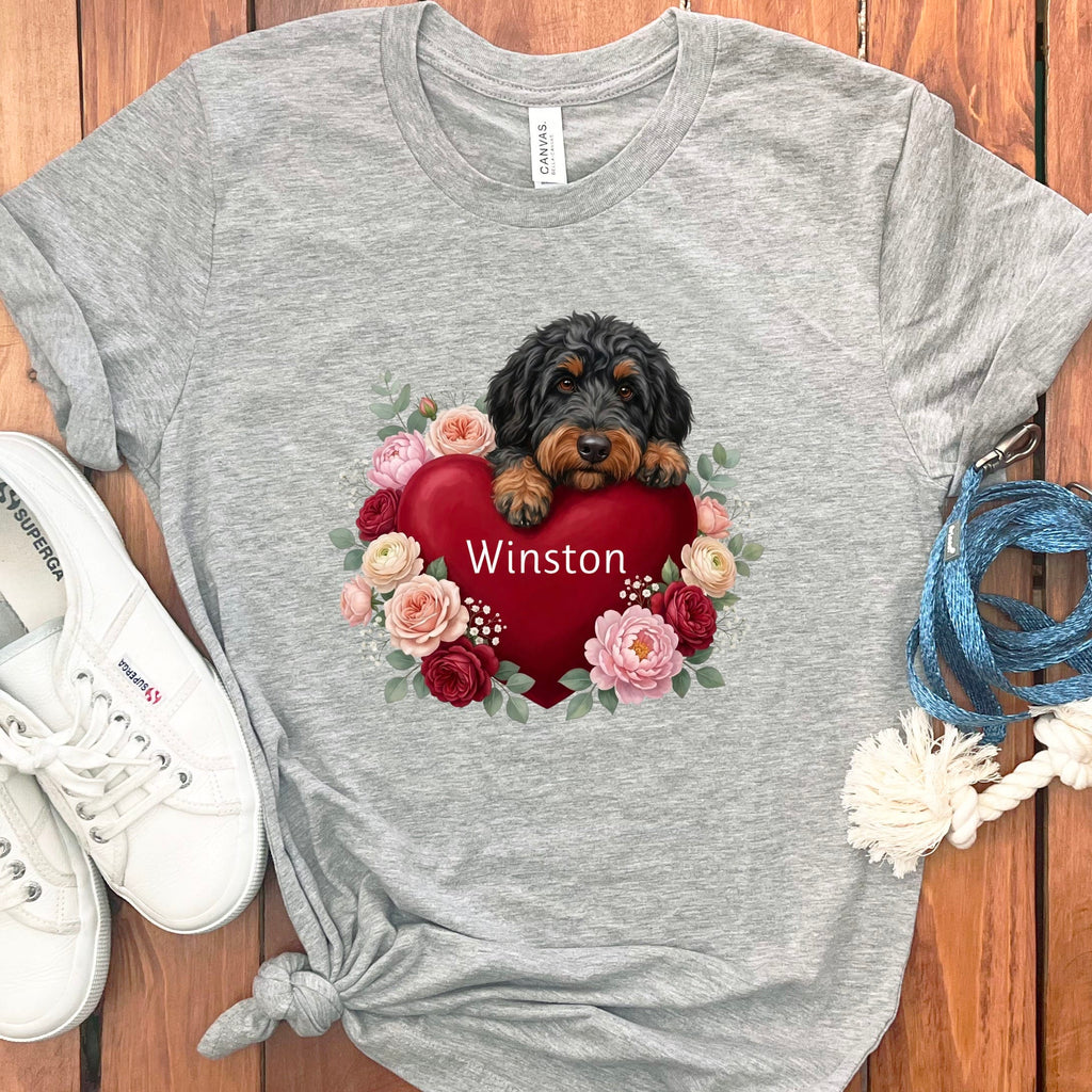 Personalized Phantom Goldendoodle Heart Belongs T-Shirt in Athletic Heather / S by Puppy Jo