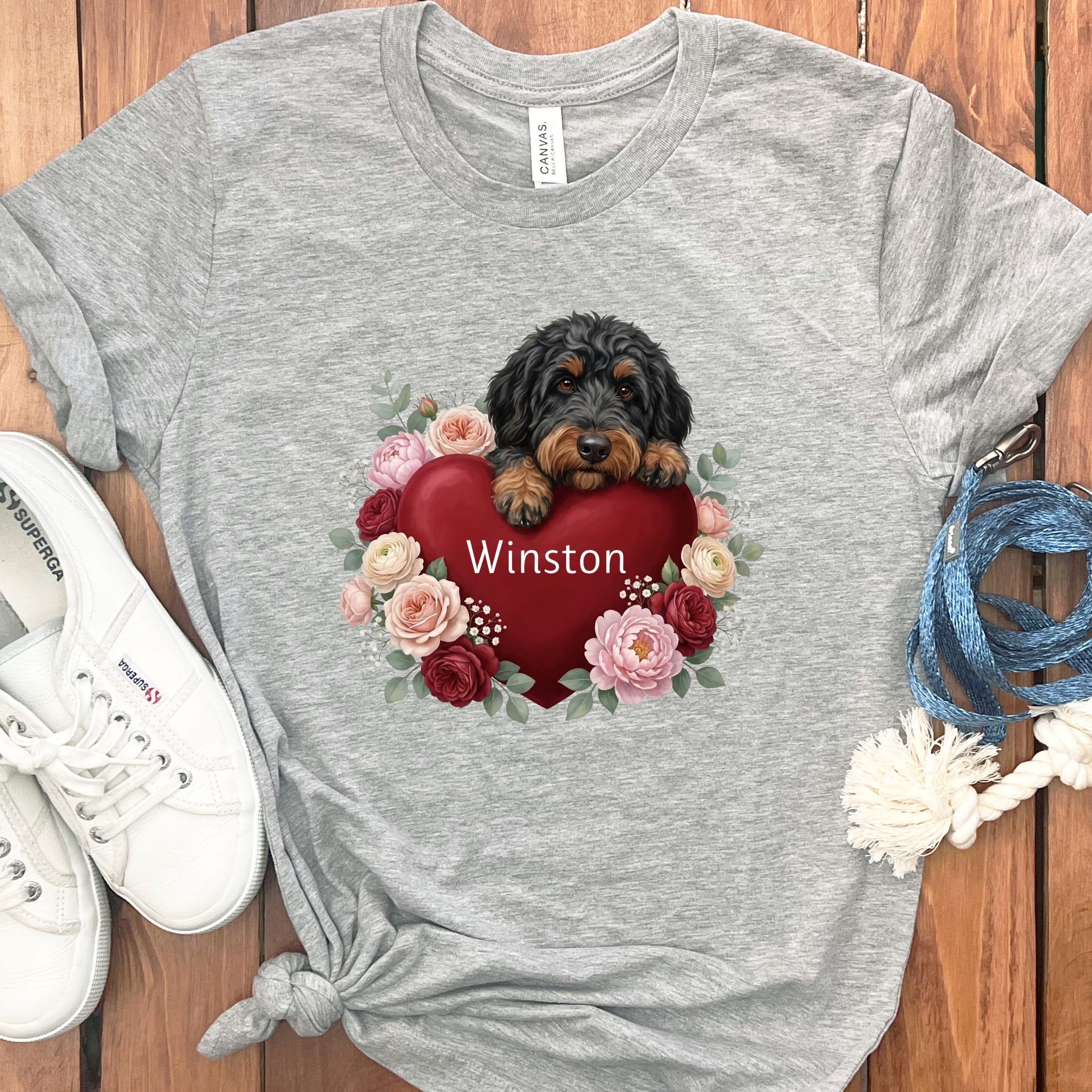 Personalized Phantom Goldendoodle Heart Belongs T-Shirt in Athletic Heather / S by Puppy Jo