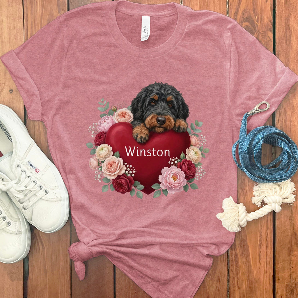 Personalized Phantom Goldendoodle Heart Belongs T-Shirt in Heather Mauve / S by Puppy Jo