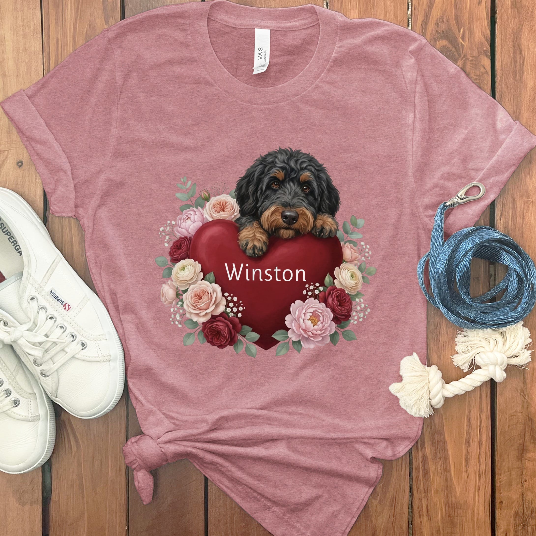 Personalized Phantom Goldendoodle Heart Belongs T-Shirt in Heather Mauve / S by Puppy Jo