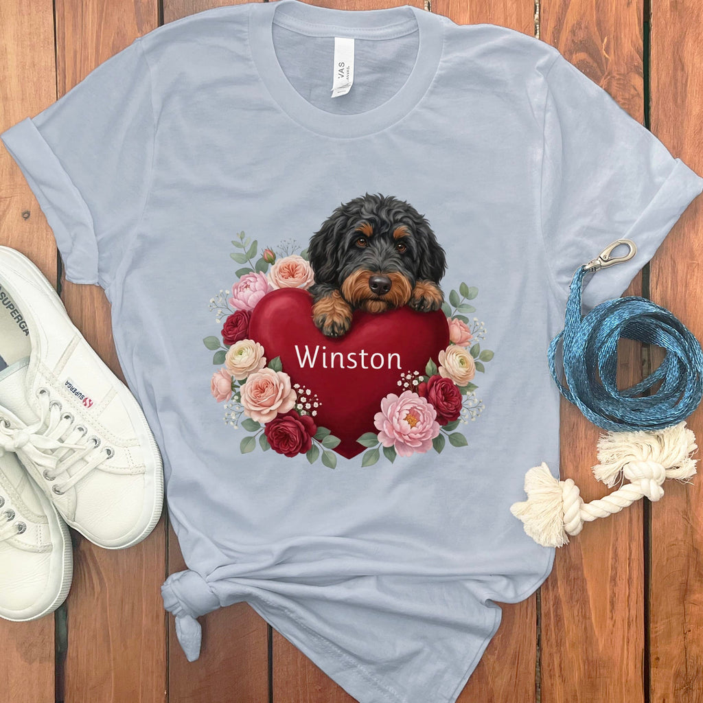 Personalized Phantom Goldendoodle Heart Belongs T-Shirt in Light Blue / S by Puppy Jo