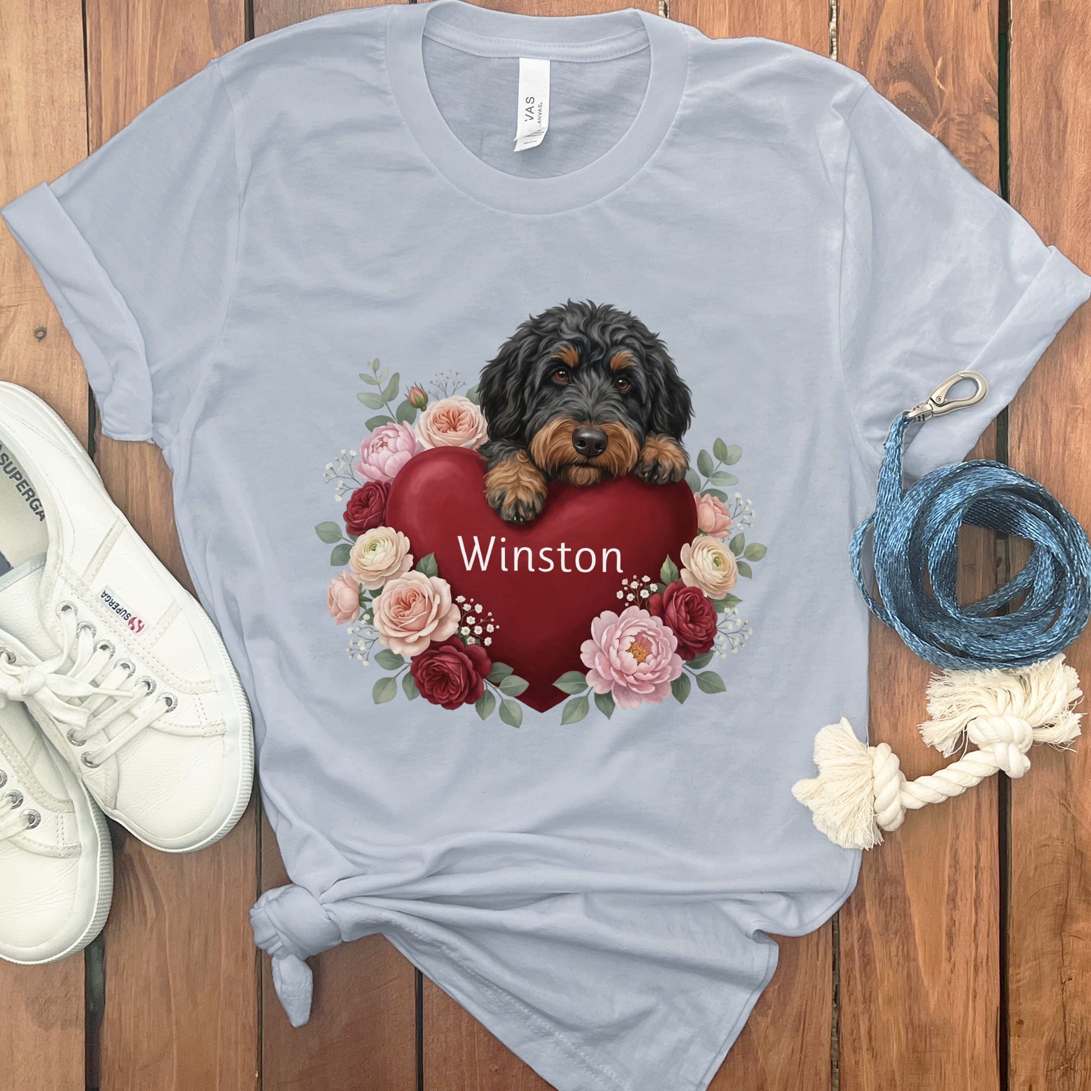 Personalized Phantom Goldendoodle Heart Belongs T-Shirt in Light Blue / S by Puppy Jo