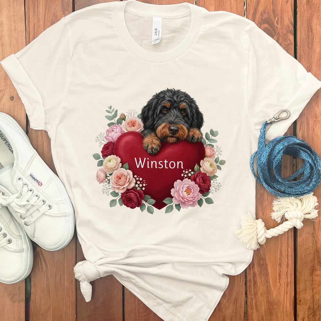 Personalized Phantom Goldendoodle Heart Belongs T-Shirt in Natural / S by Puppy Jo