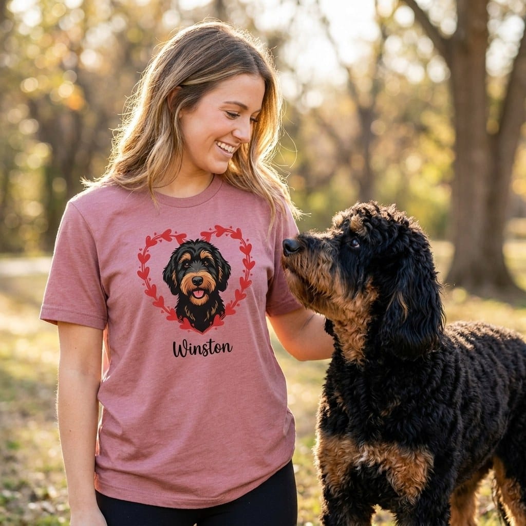 Personalized Phantom Goldendoodle Heart Belongs T-Shirt in by Puppy Jo