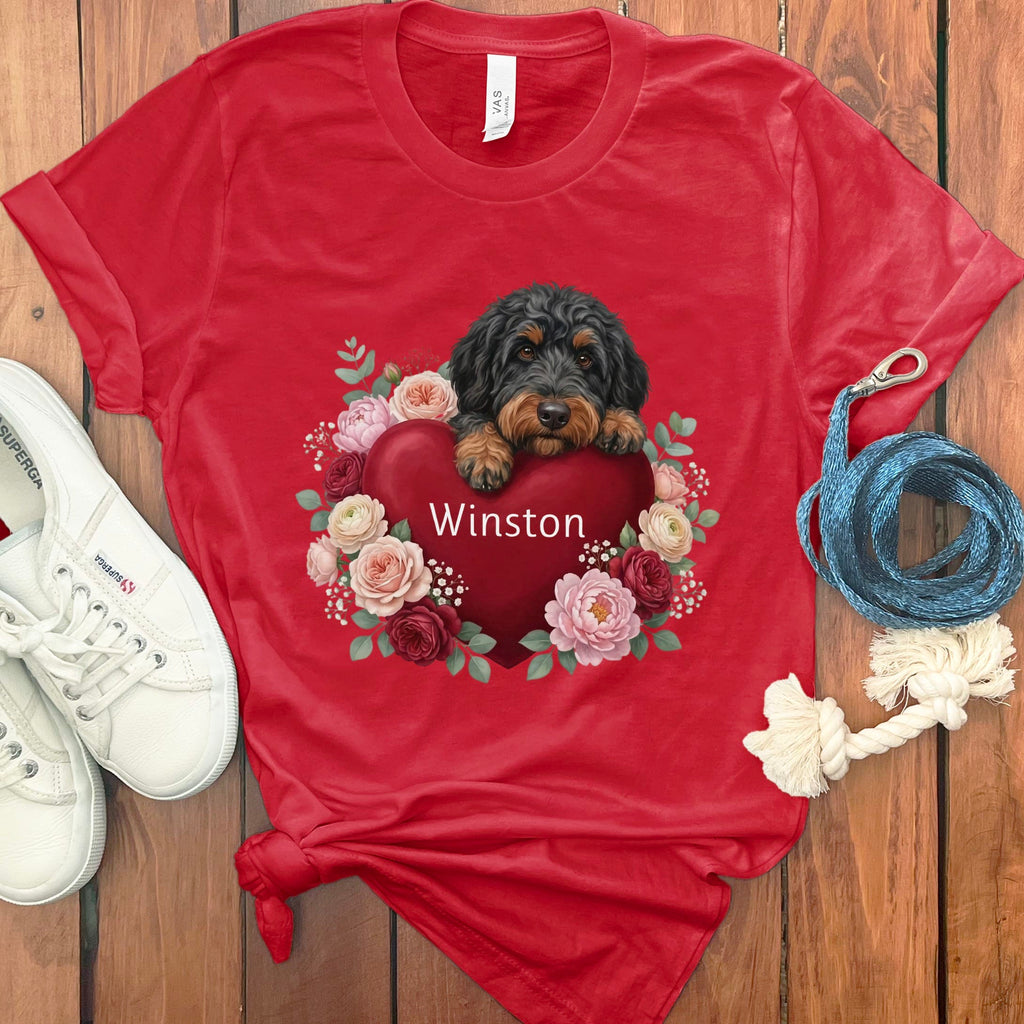 Personalized Phantom Goldendoodle Heart Belongs T-Shirt in Red / S by Puppy Jo
