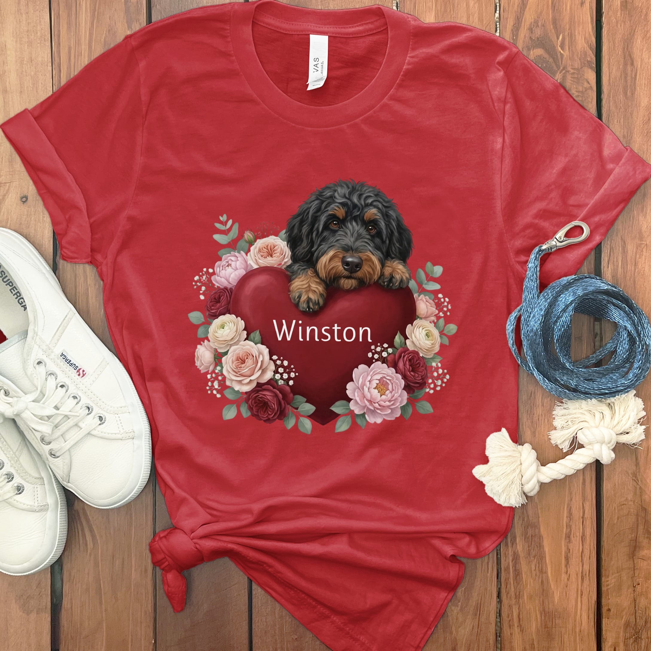 Personalized Phantom Goldendoodle Heart Belongs T-Shirt in Red / S by Puppy Jo