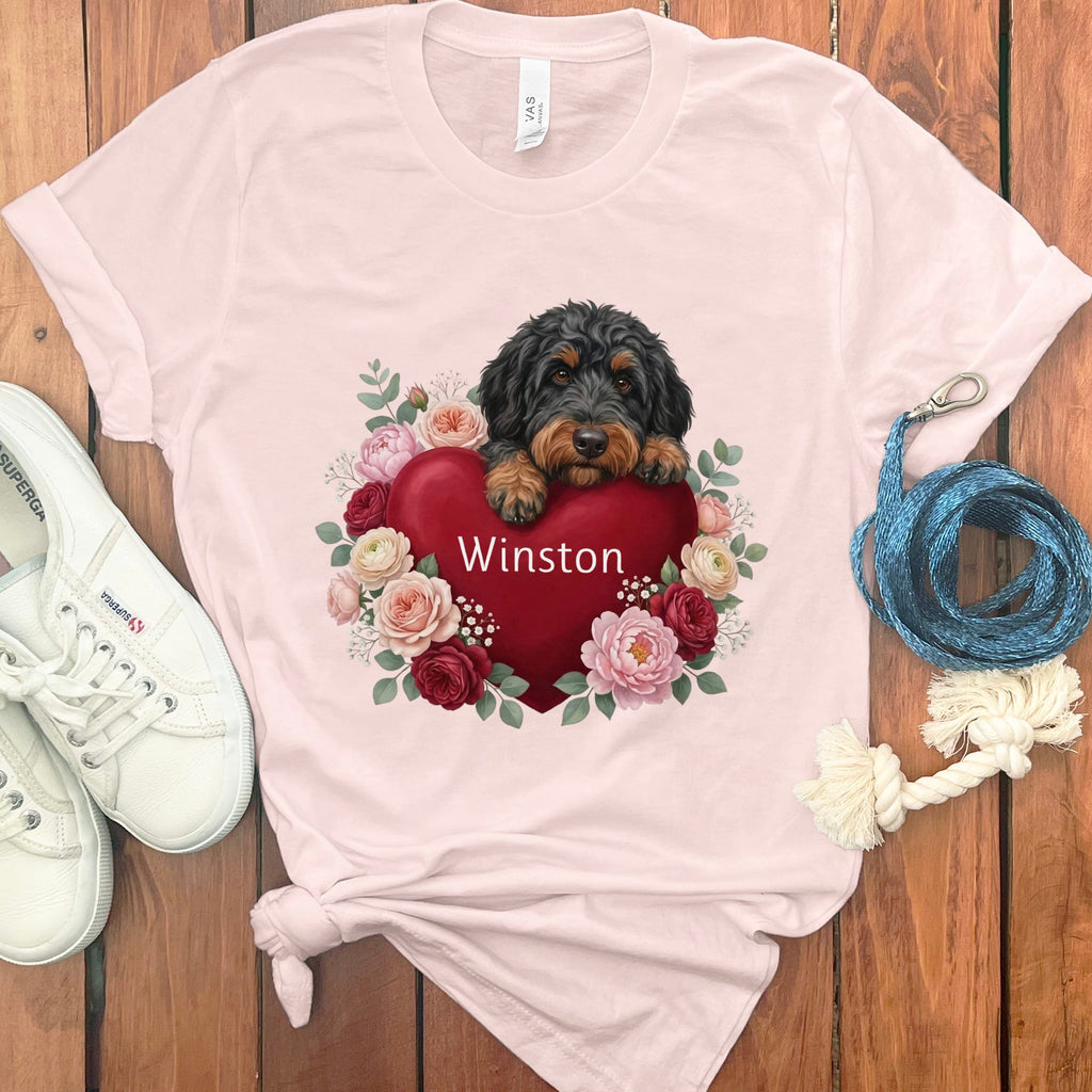 Personalized Phantom Goldendoodle Heart Belongs T-Shirt in Soft Pink / S by Puppy Jo