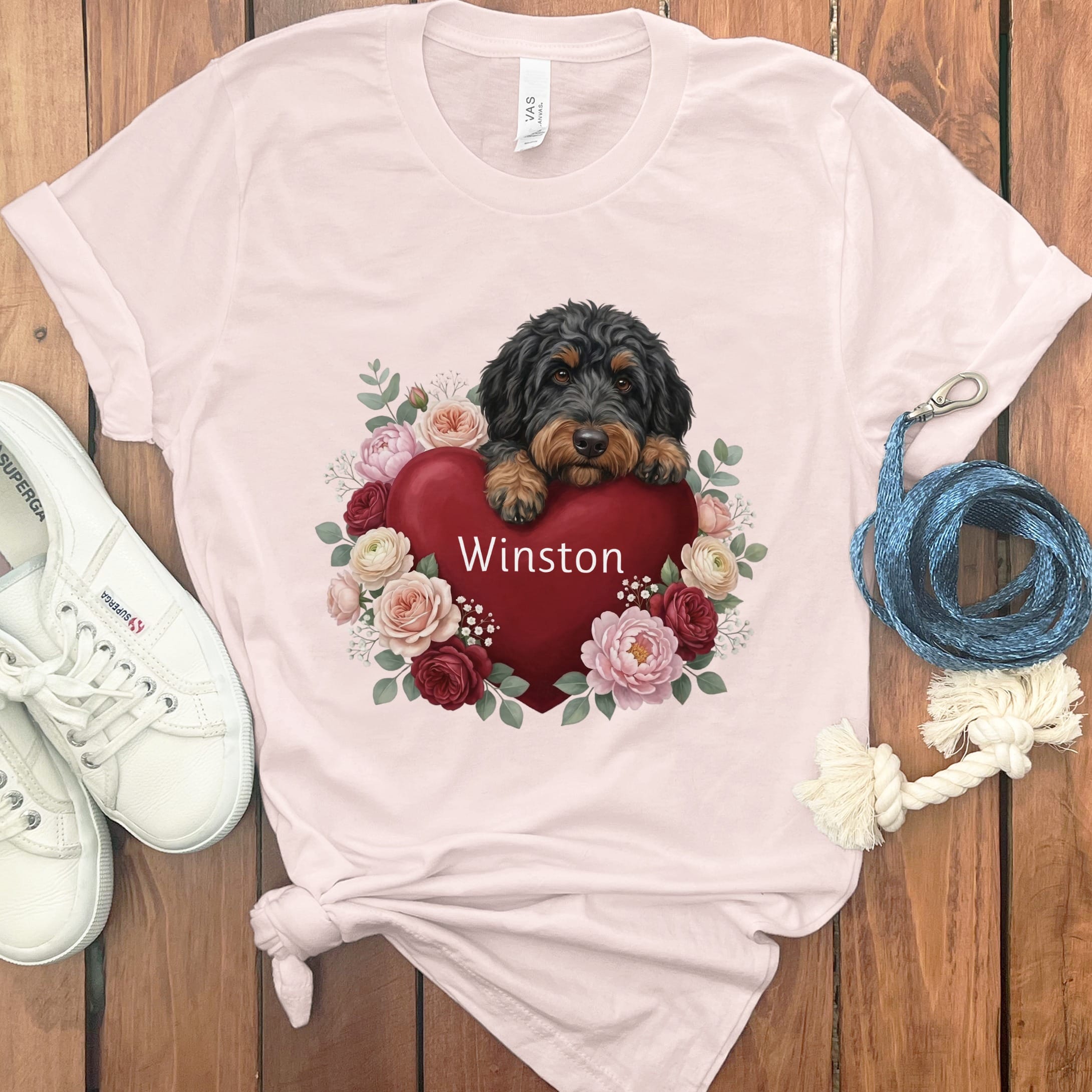 Personalized Phantom Goldendoodle Heart Belongs T-Shirt in Soft Pink / S by Puppy Jo