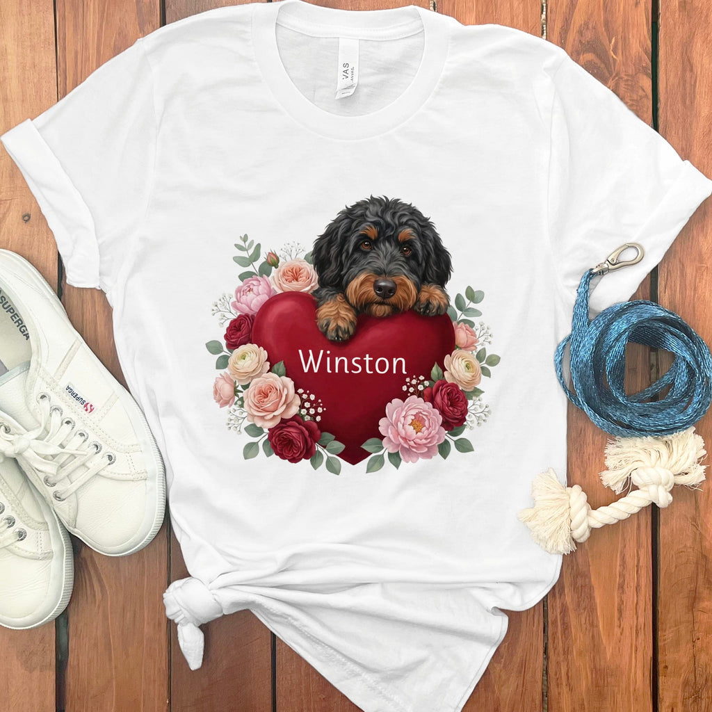 Personalized Phantom Goldendoodle Heart Belongs T-Shirt in White / S by Puppy Jo
