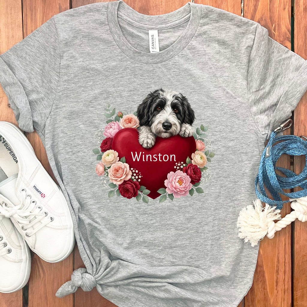 Personalized Sheepadoodle Heart Belongs T-Shirt in Athletic Heather / S by Puppy Jo