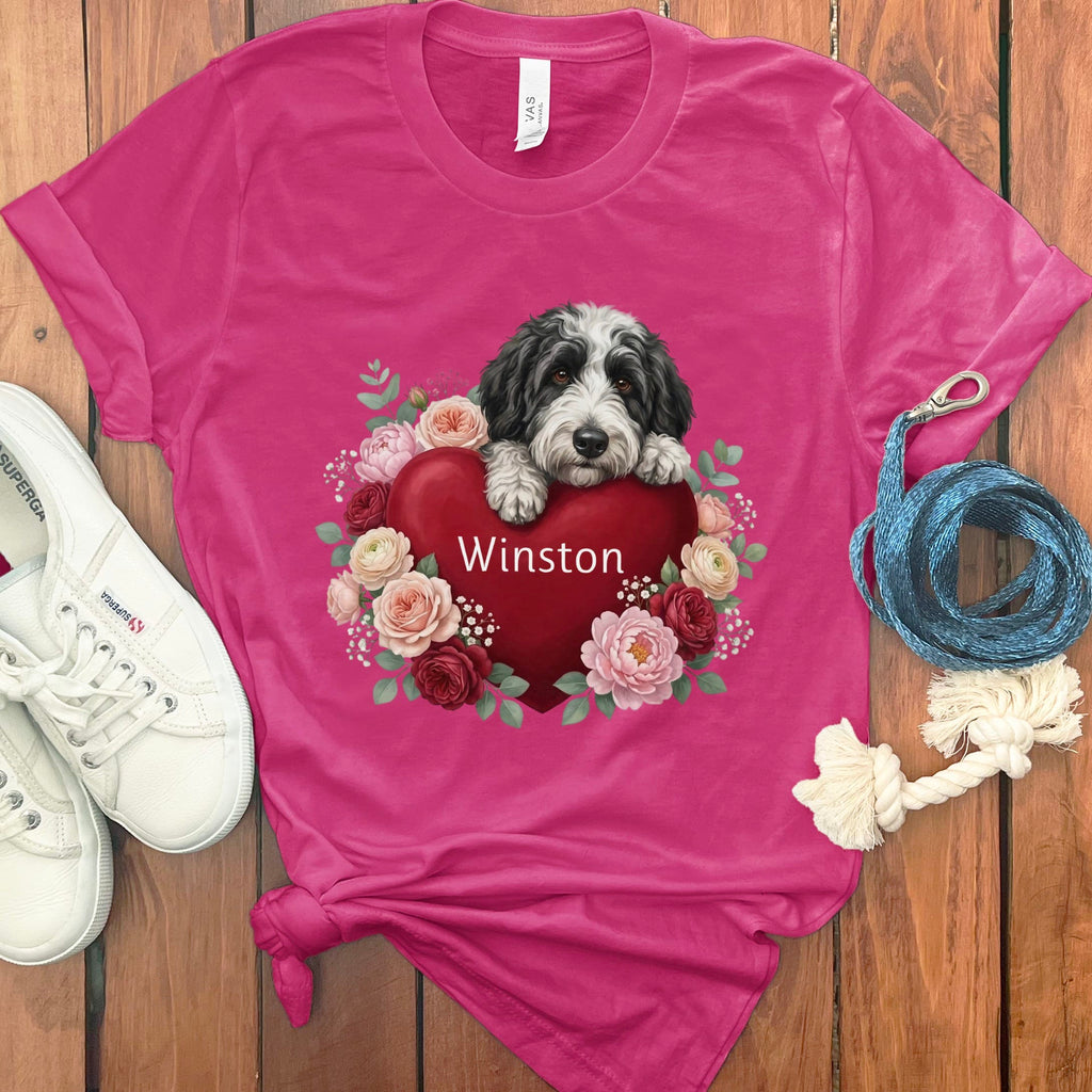 Personalized Sheepadoodle Heart Belongs T-Shirt in Berry / S by Puppy Jo