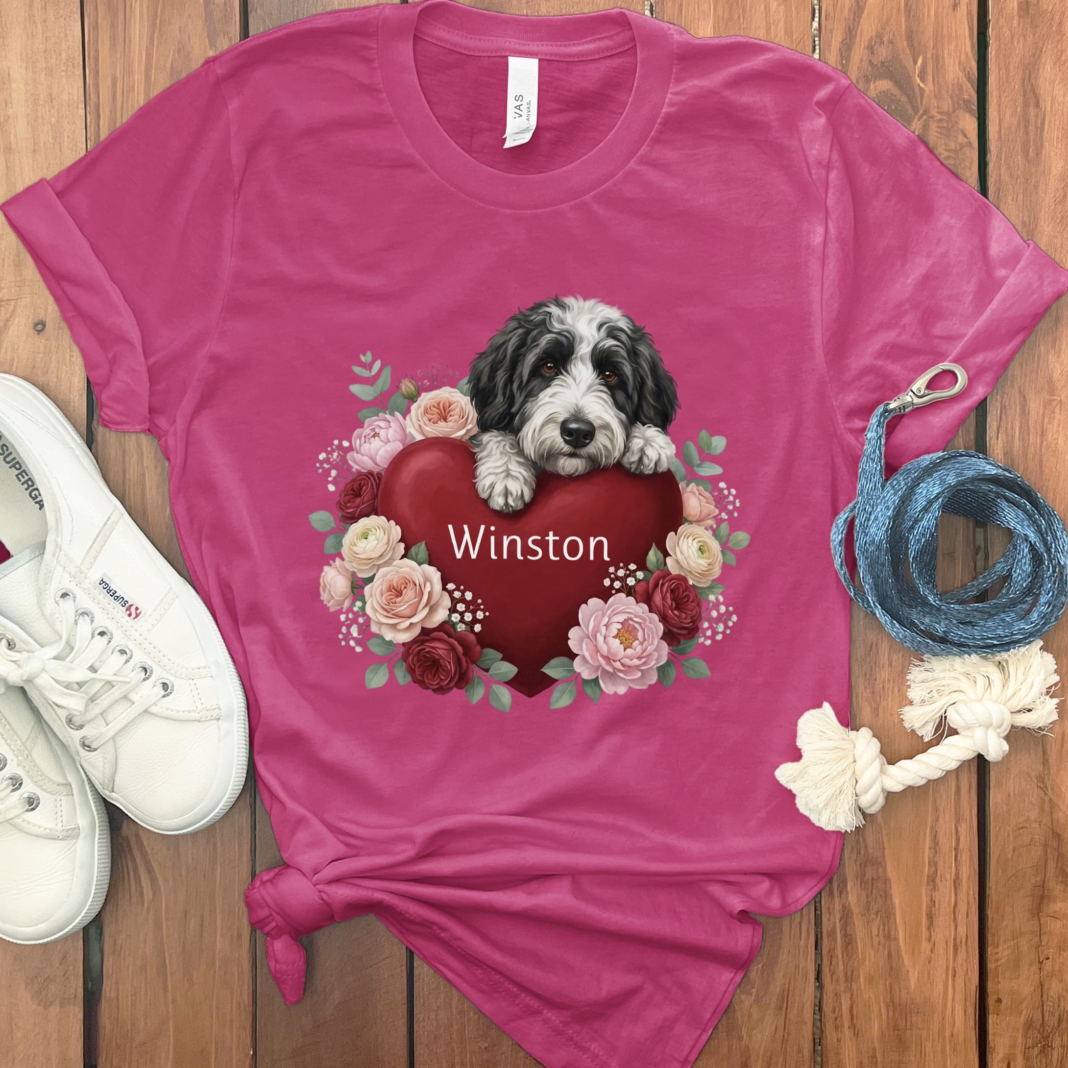 Personalized Sheepadoodle Heart Belongs T-Shirt in Berry / S by Puppy Jo