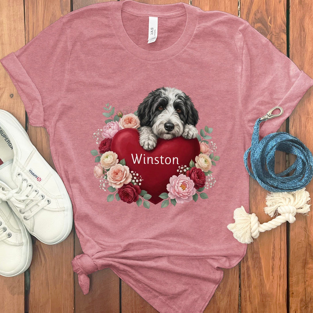 Personalized Sheepadoodle Heart Belongs T-Shirt in Heather Mauve / S by Puppy Jo