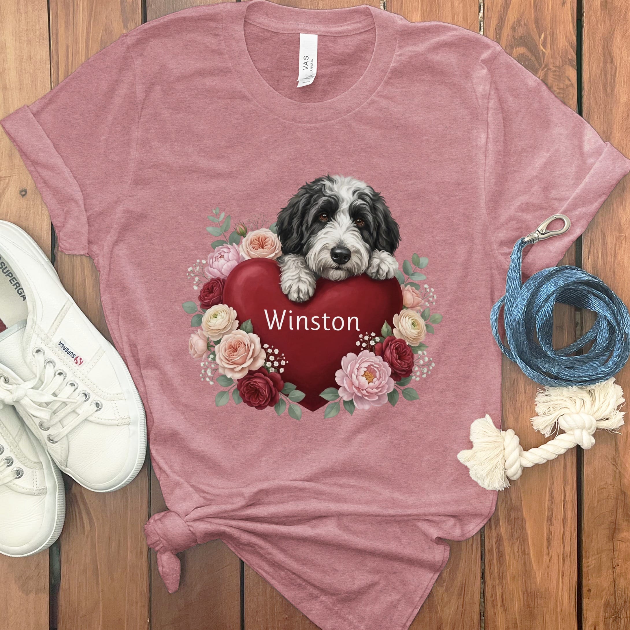 Personalized Sheepadoodle Heart Belongs T-Shirt in Heather Mauve / S by Puppy Jo