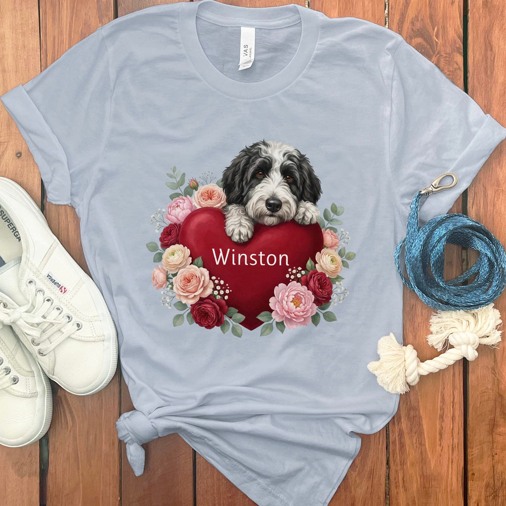 Personalized Sheepadoodle Heart Belongs T-Shirt in Light Blue / S by Puppy Jo