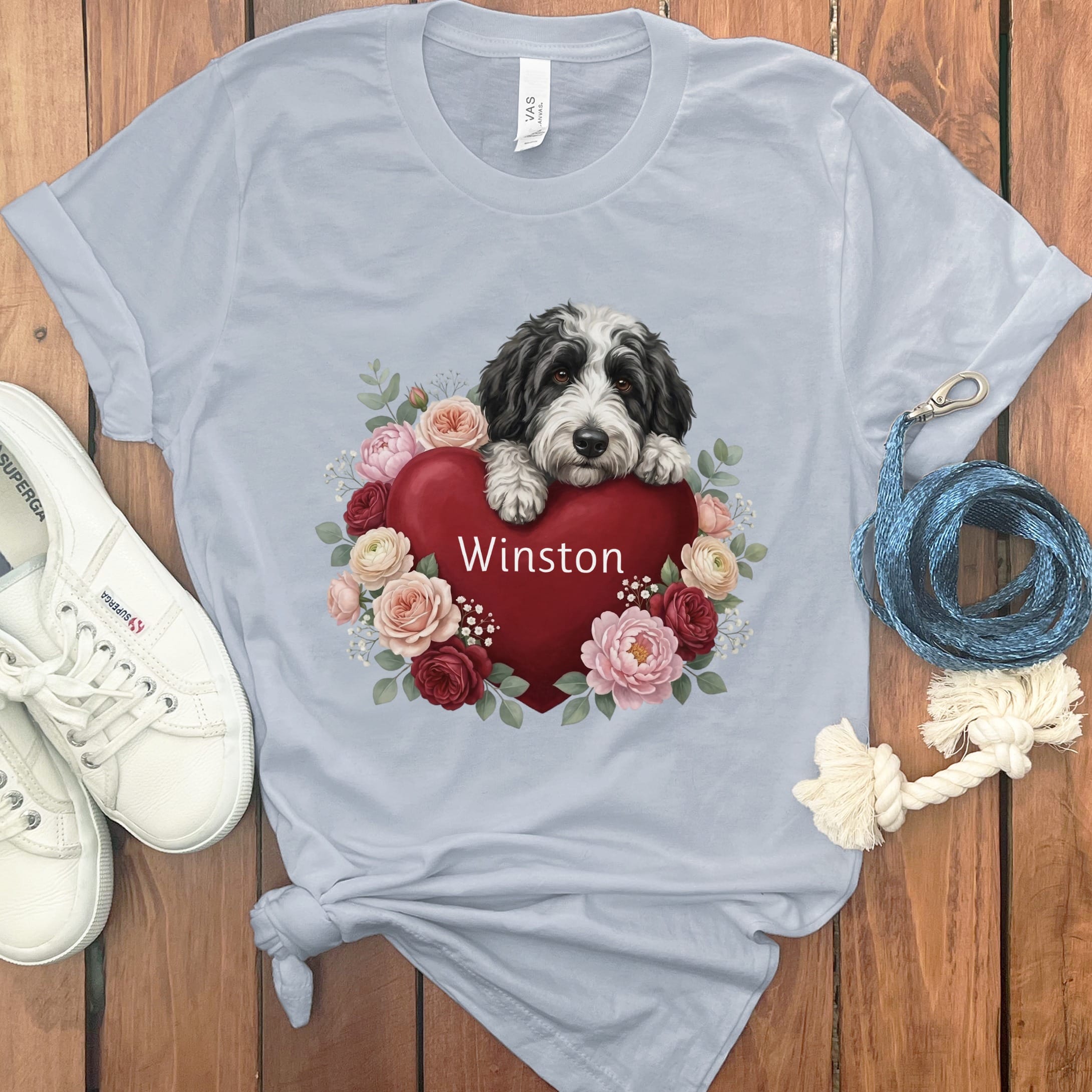 Personalized Sheepadoodle Heart Belongs T-Shirt in Light Blue / S by Puppy Jo