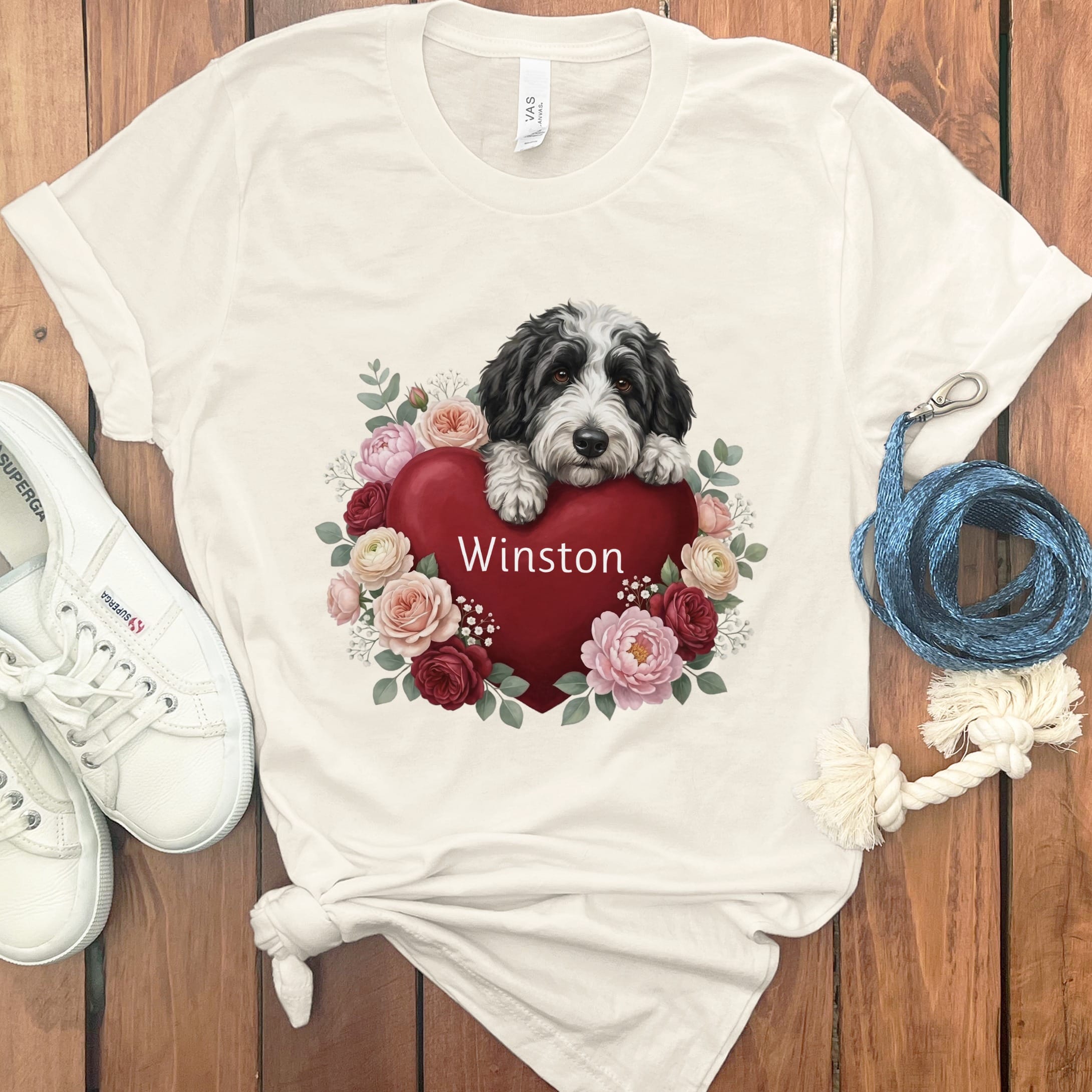 Personalized Sheepadoodle Heart Belongs T-Shirt in Natural / S by Puppy Jo