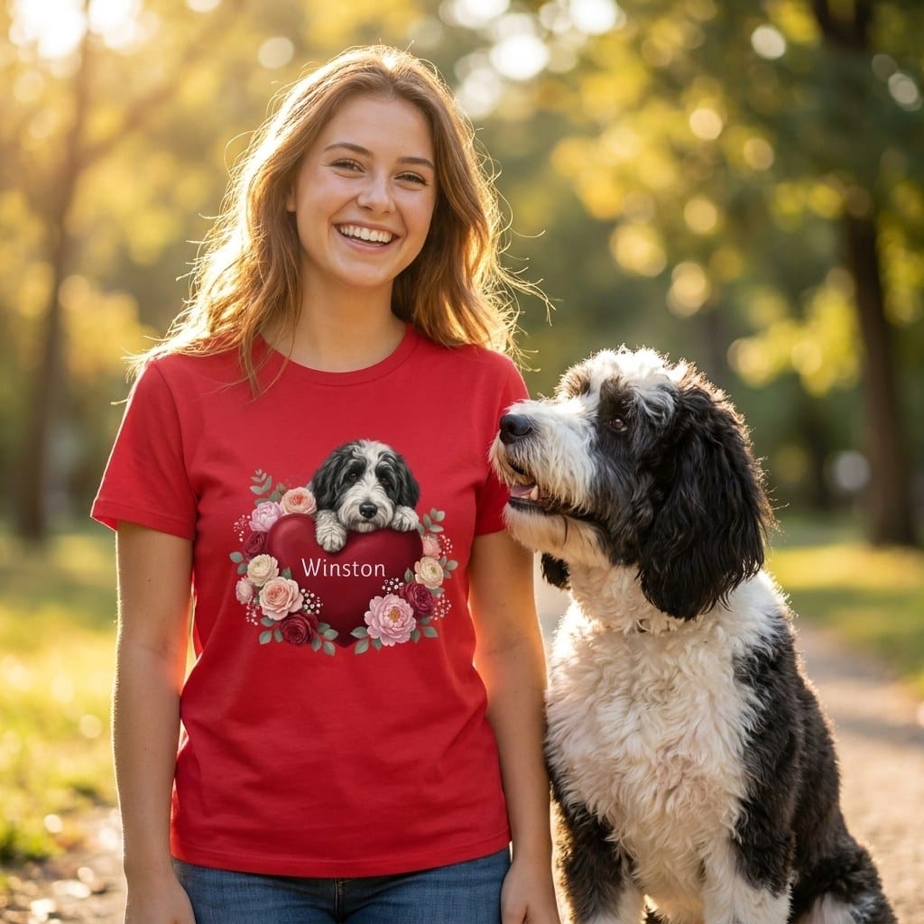 Personalized Sheepadoodle Heart Belongs T-Shirt in by Puppy Jo