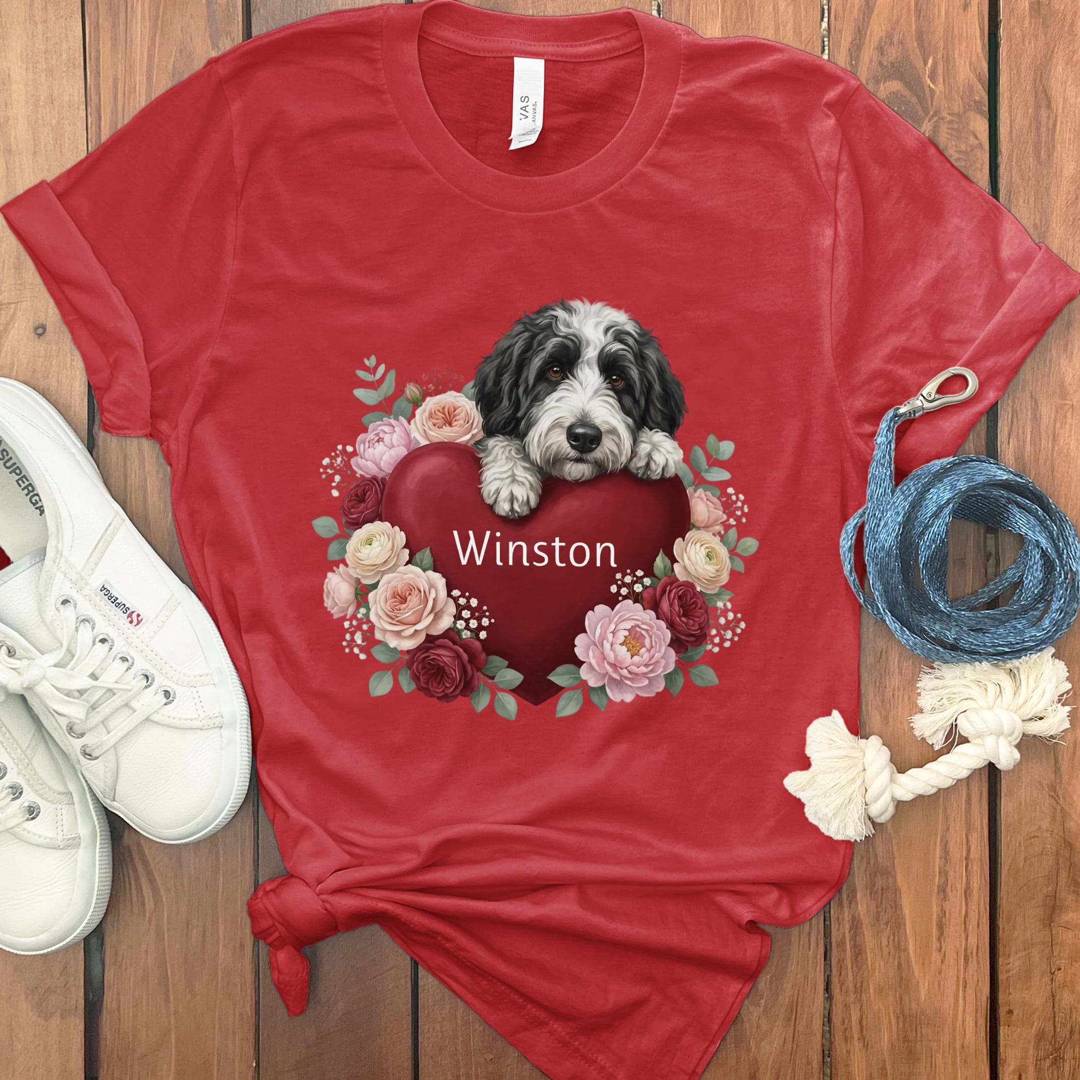 Personalized Sheepadoodle Heart Belongs T-Shirt in Red / S by Puppy Jo
