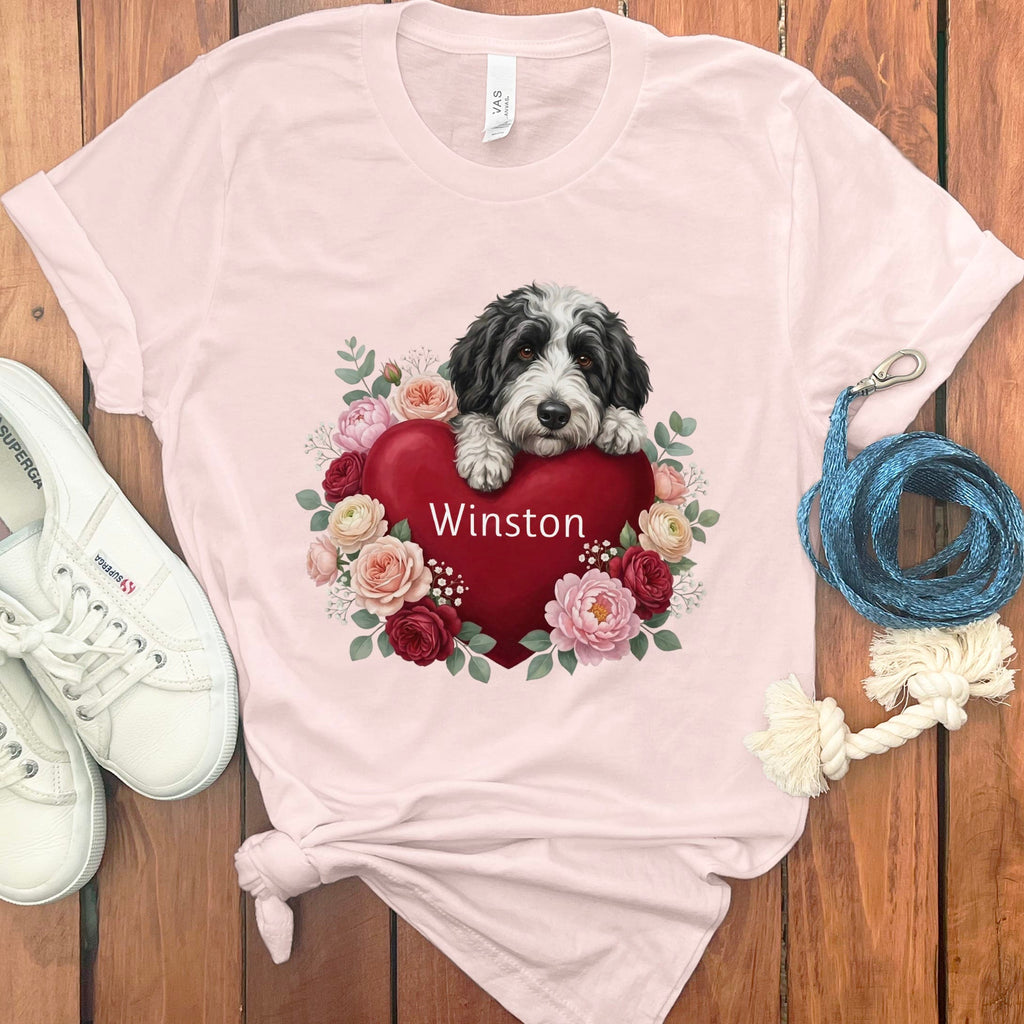 Personalized Sheepadoodle Heart Belongs T-Shirt in Soft Pink / S by Puppy Jo