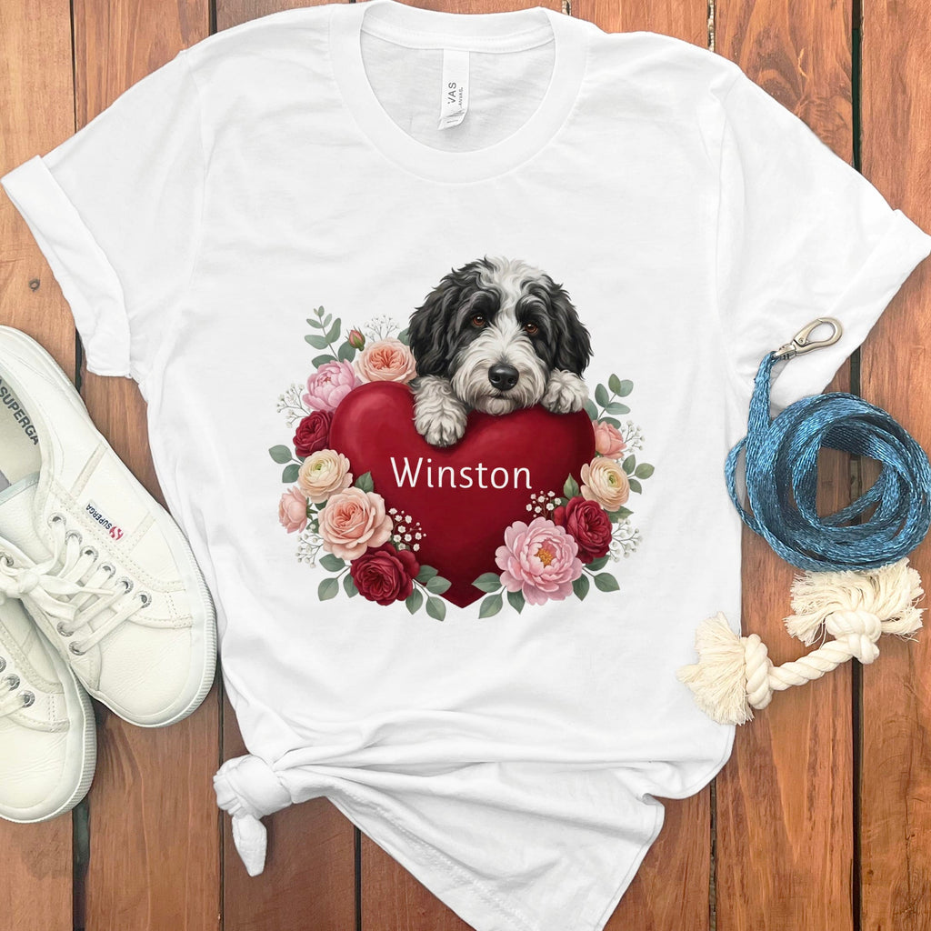 Personalized Sheepadoodle Heart Belongs T-Shirt in White / S by Puppy Jo