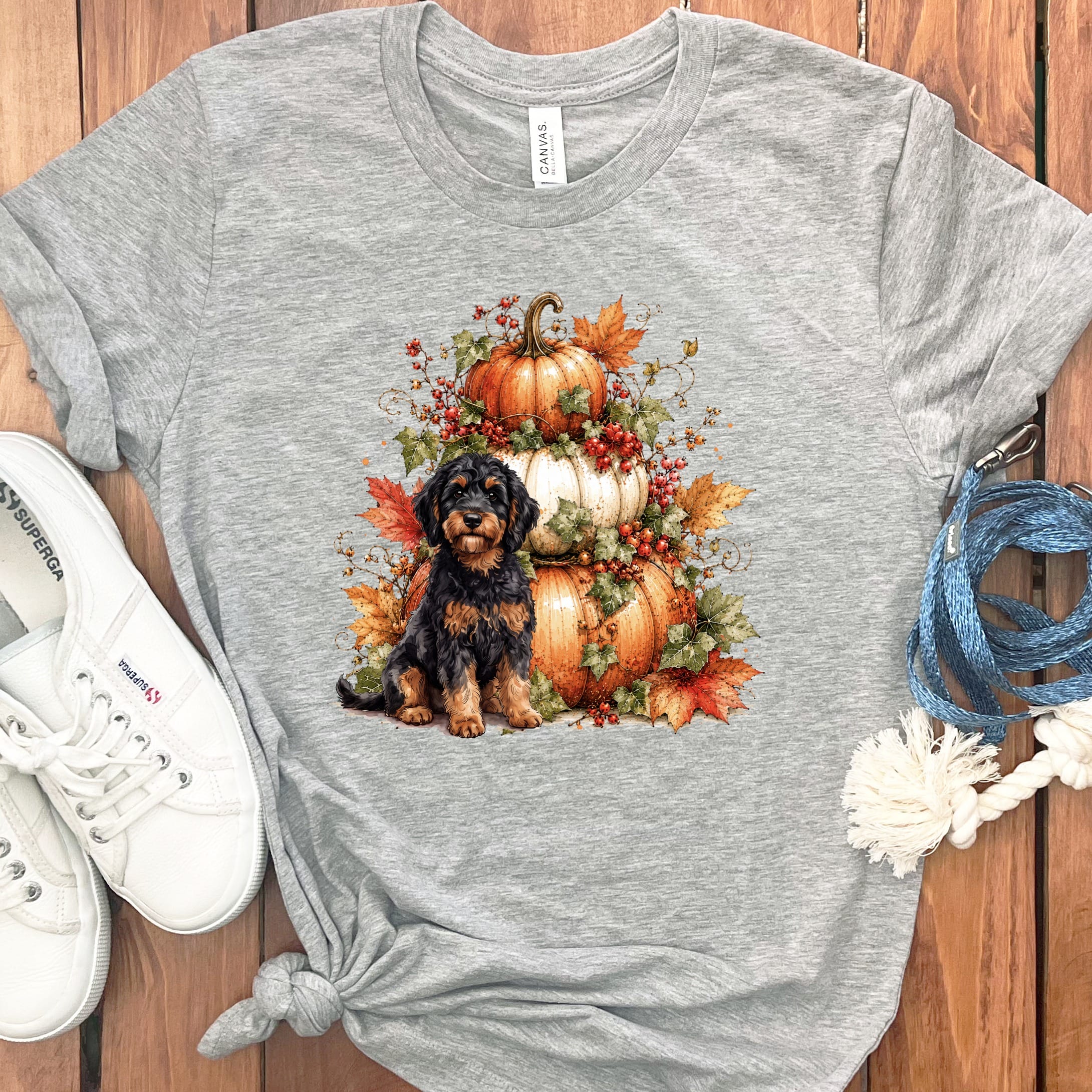 Phamtom Goldendoodle Pumpkin Ivy T-Shirt in Athletic Heather / S by Puppy Jo