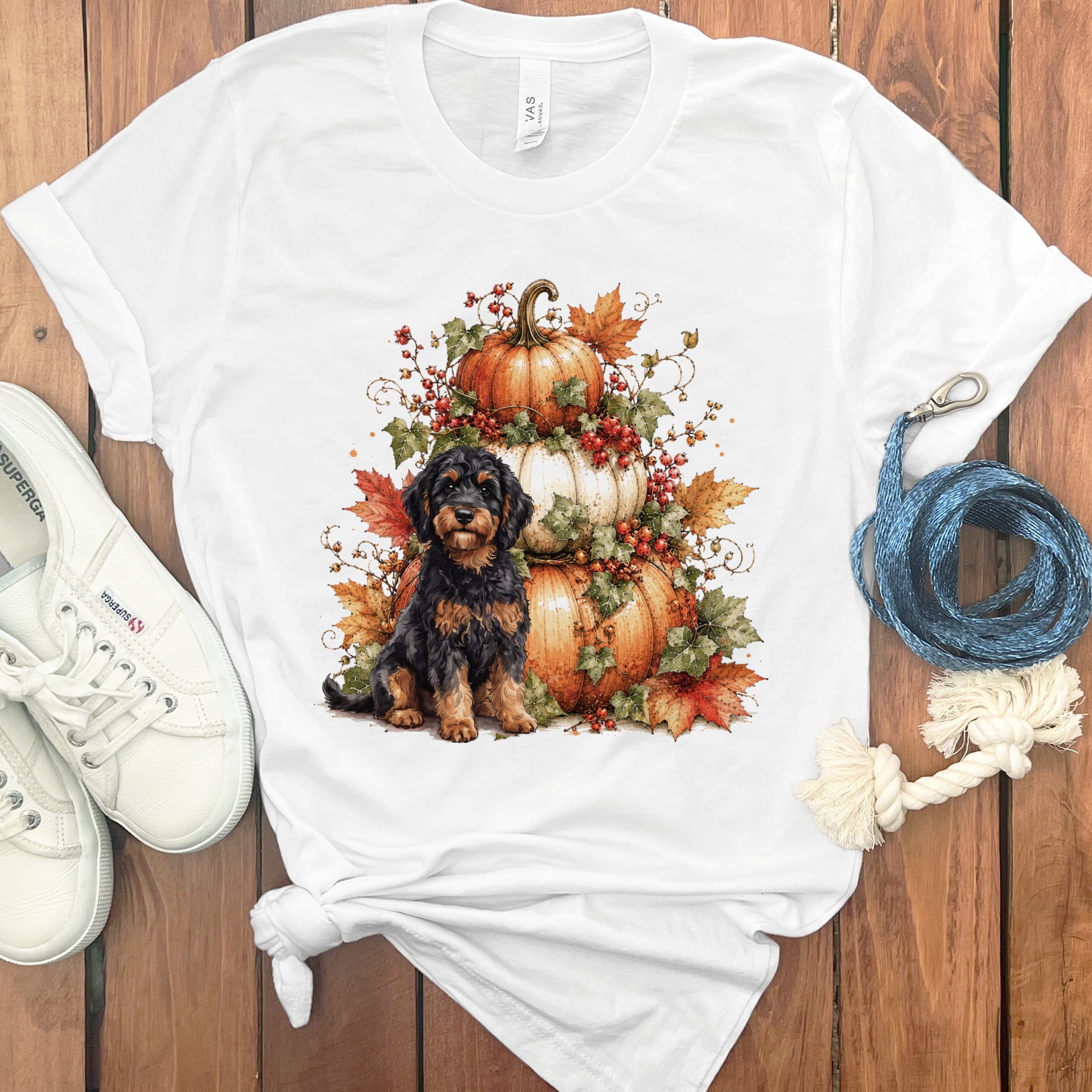 Phamtom Goldendoodle Pumpkin Ivy T-Shirt in White / S by Puppy Jo