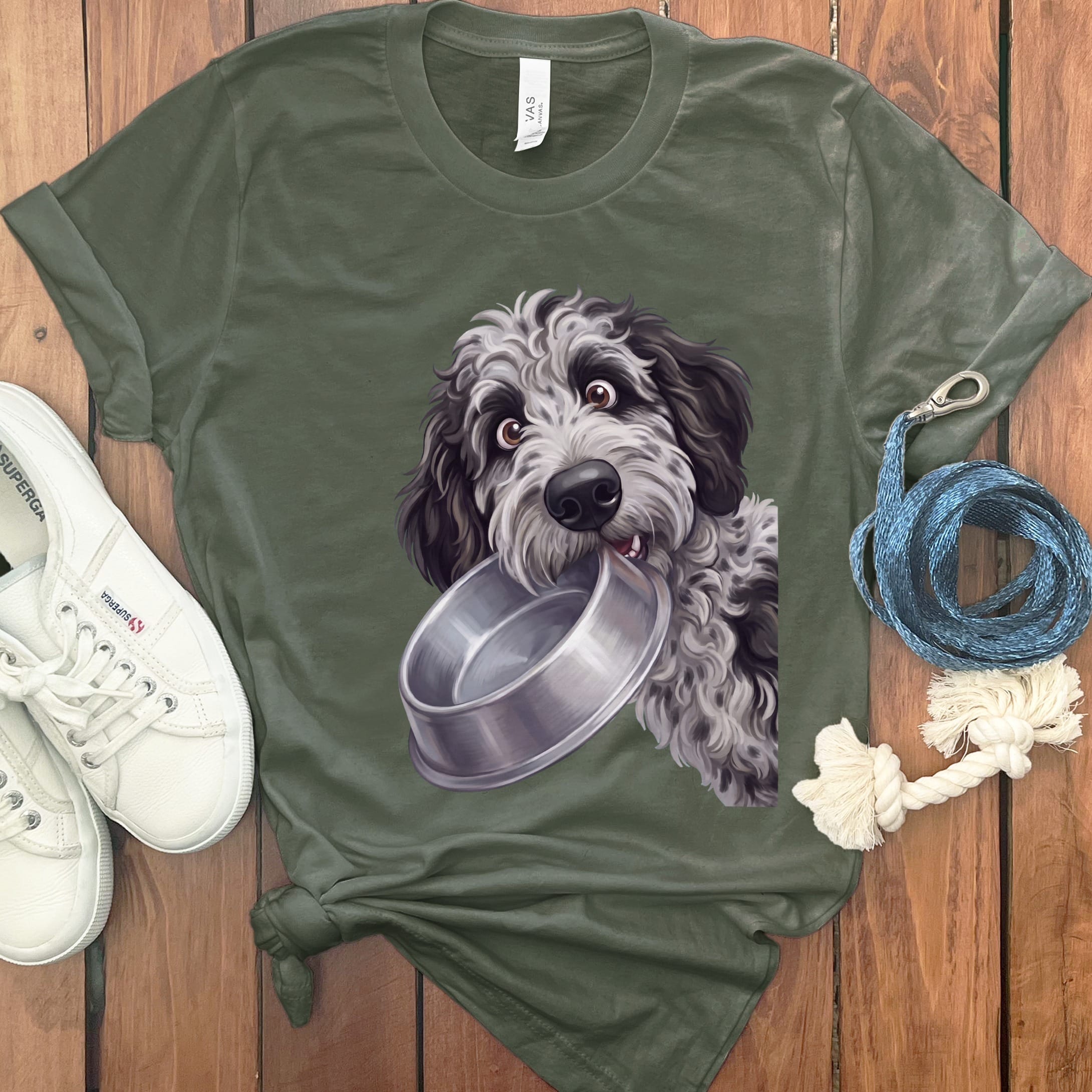 Phantom Goldendoodle Bowl T-Shirt in Military Green / S by Puppy Jo