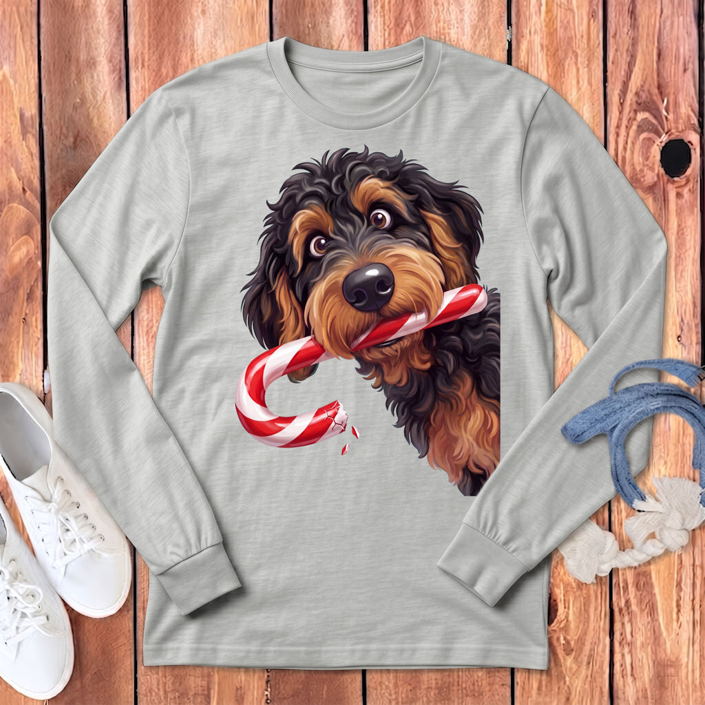 Phantom Goldendoodle Candy Cane Thief Long Sleeve T-Shirt in Athletic Heather / S by Puppy Jo