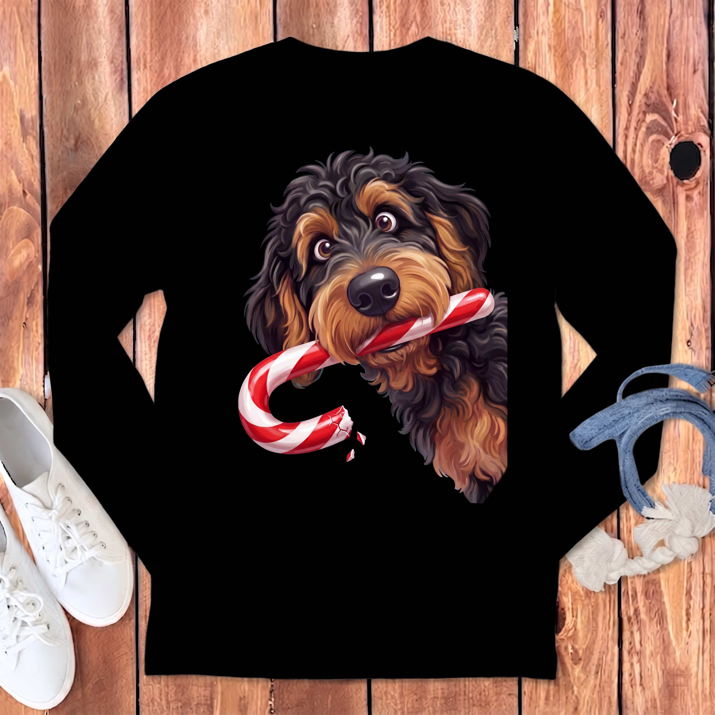 Phantom Goldendoodle Candy Cane Thief Long Sleeve T-Shirt in Black / S by Puppy Jo